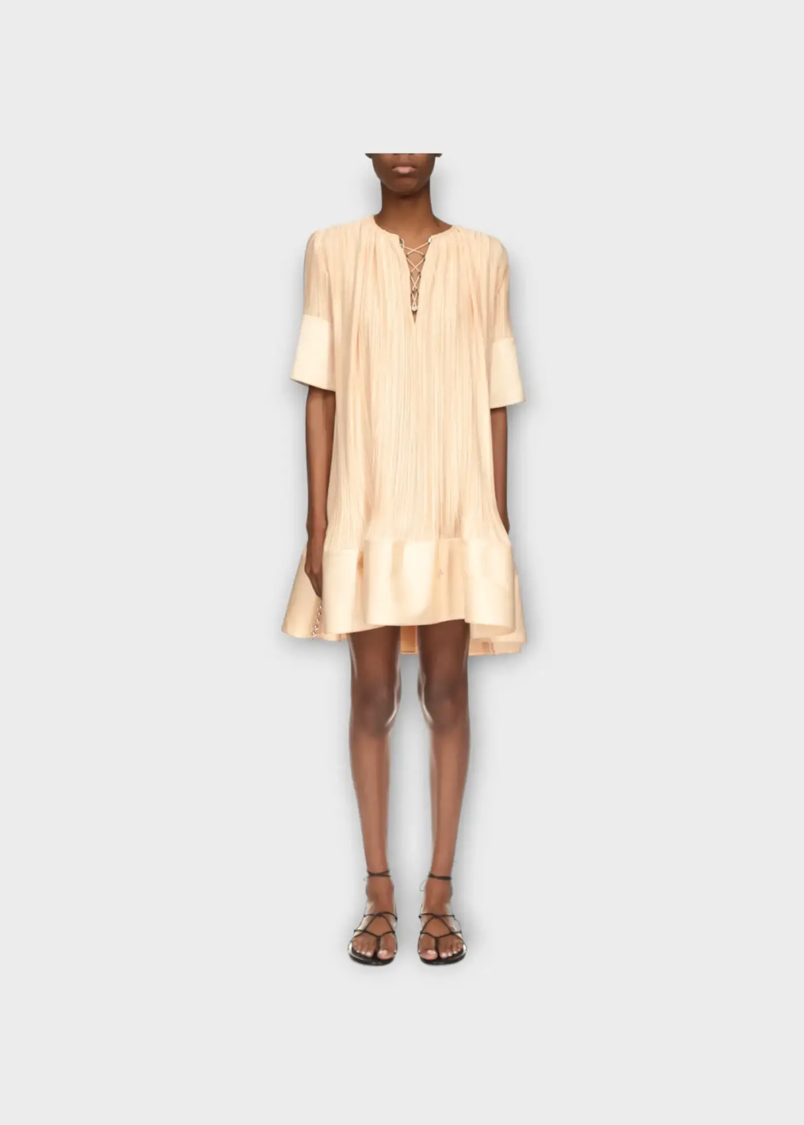 Lanvin Lanvin Dress, Orange, V-Neck Drawstring Pleated Short Sleeve Ruffled Dress In Apricot