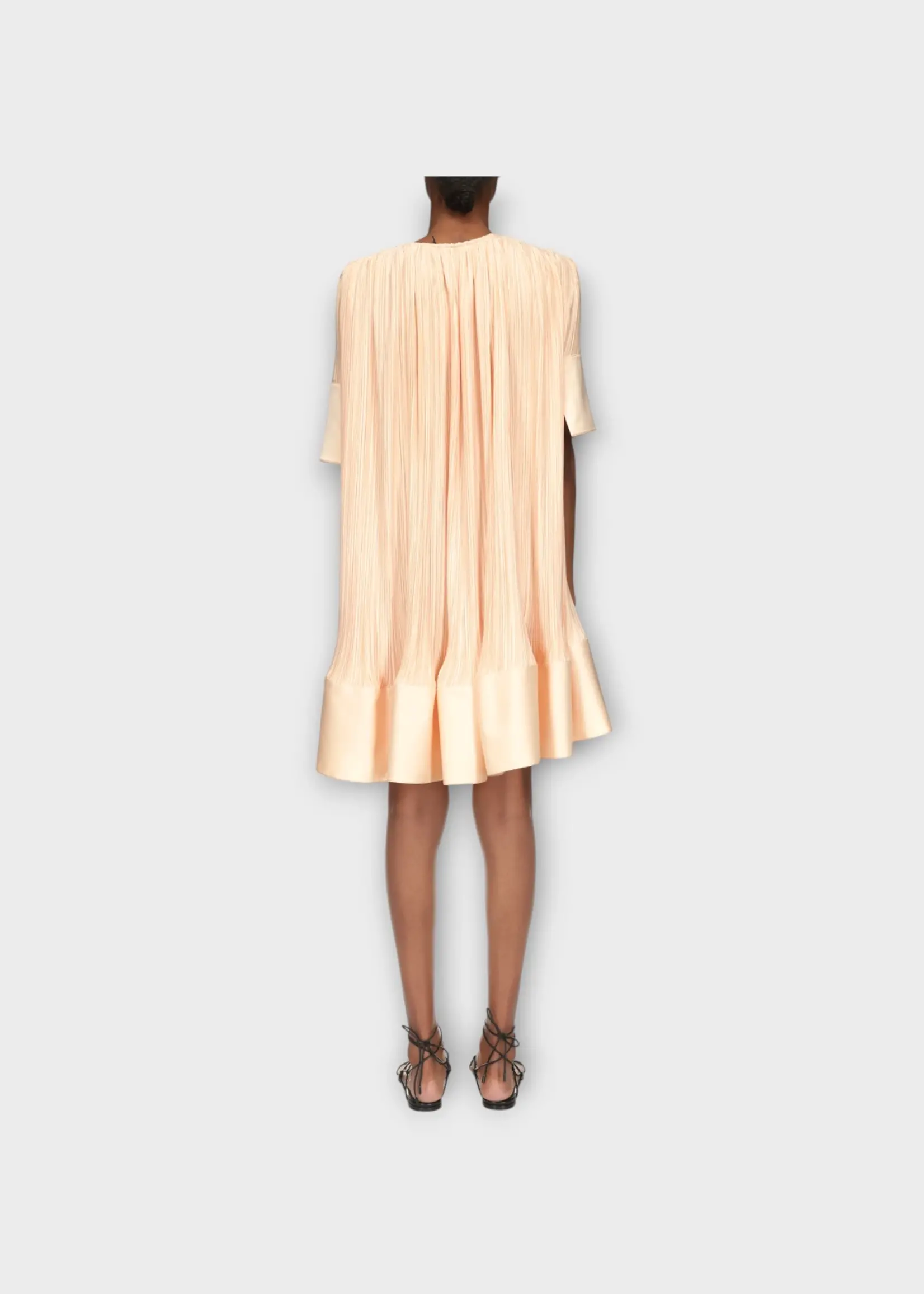 Lanvin Lanvin Dress, Orange, V-Neck Drawstring Pleated Short Sleeve Ruffled Dress In Apricot