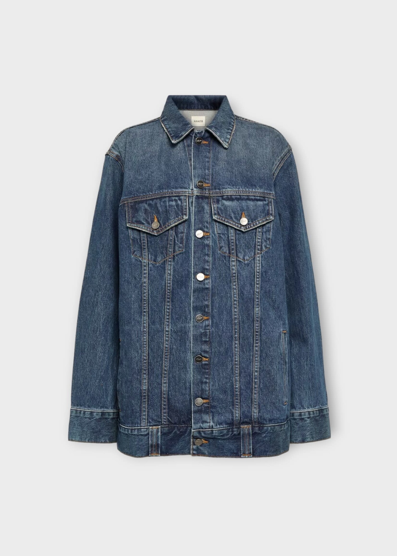 Khaite Khaite Jacket, Blue, Ross Rigid Cotton Collared Button Up Long Denim Jacket In Archer