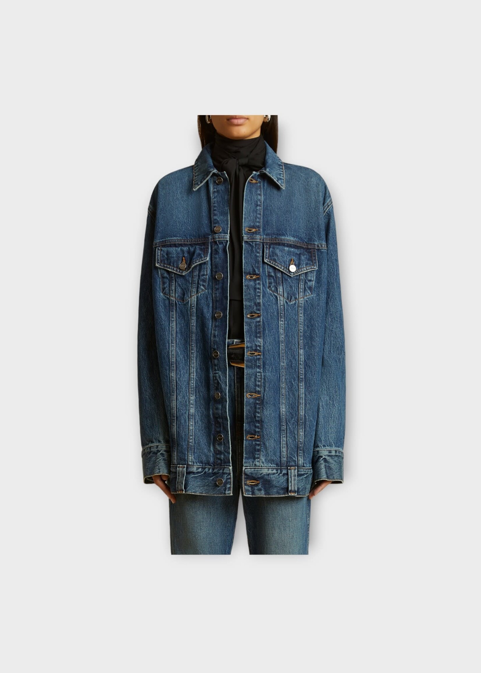 Khaite Khaite Jacket, Blue, Ross Rigid Cotton Collared Button Up Long Denim Jacket In Archer