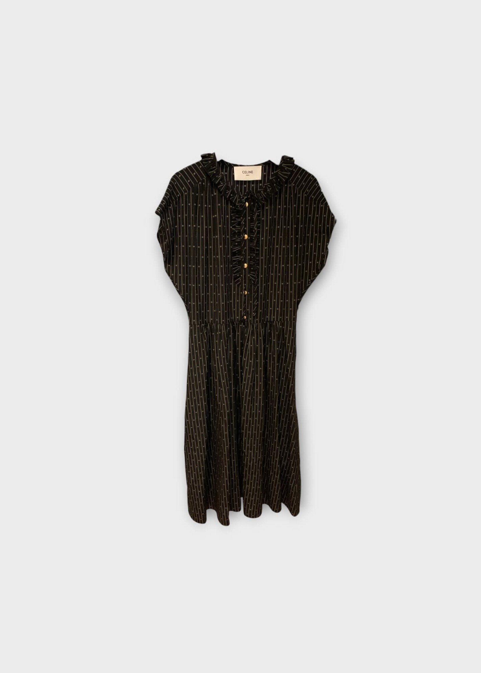 Celine Celine Dress, Multi, Short Sleeve Frills Stripe Dress in Noir & Beige