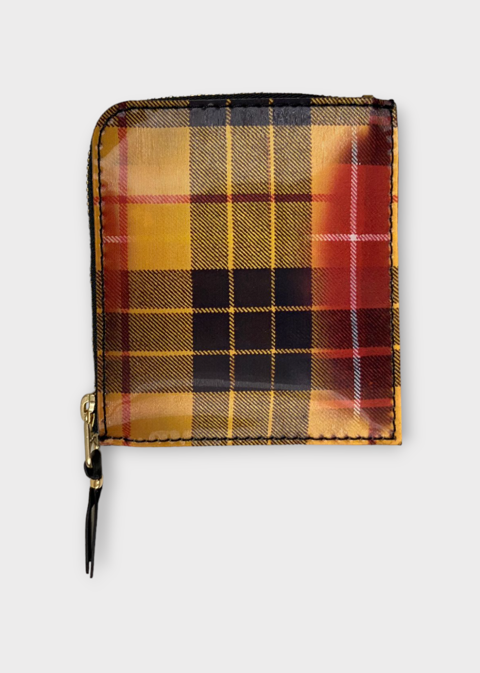 Comme des Garcons Play Comme des Garcons Play Wallet, Print, Leather Zip Up Wallet in Red & Yellow w/ Lenticular Tartan Print