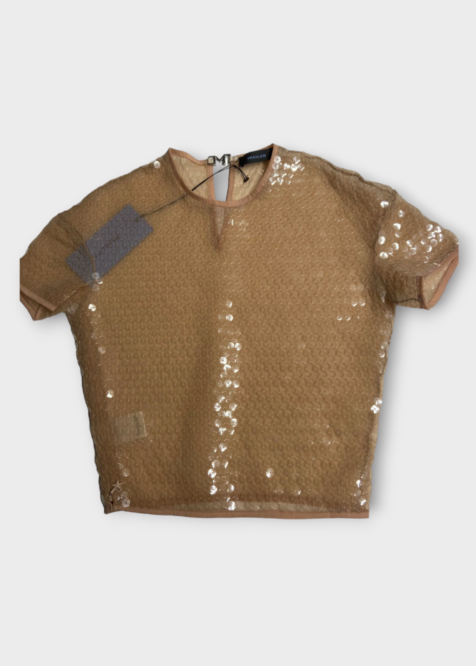 Mugler Mugler Top, Beige, Sequin Crew Neck Short Sleeve Cropped Top In Tan