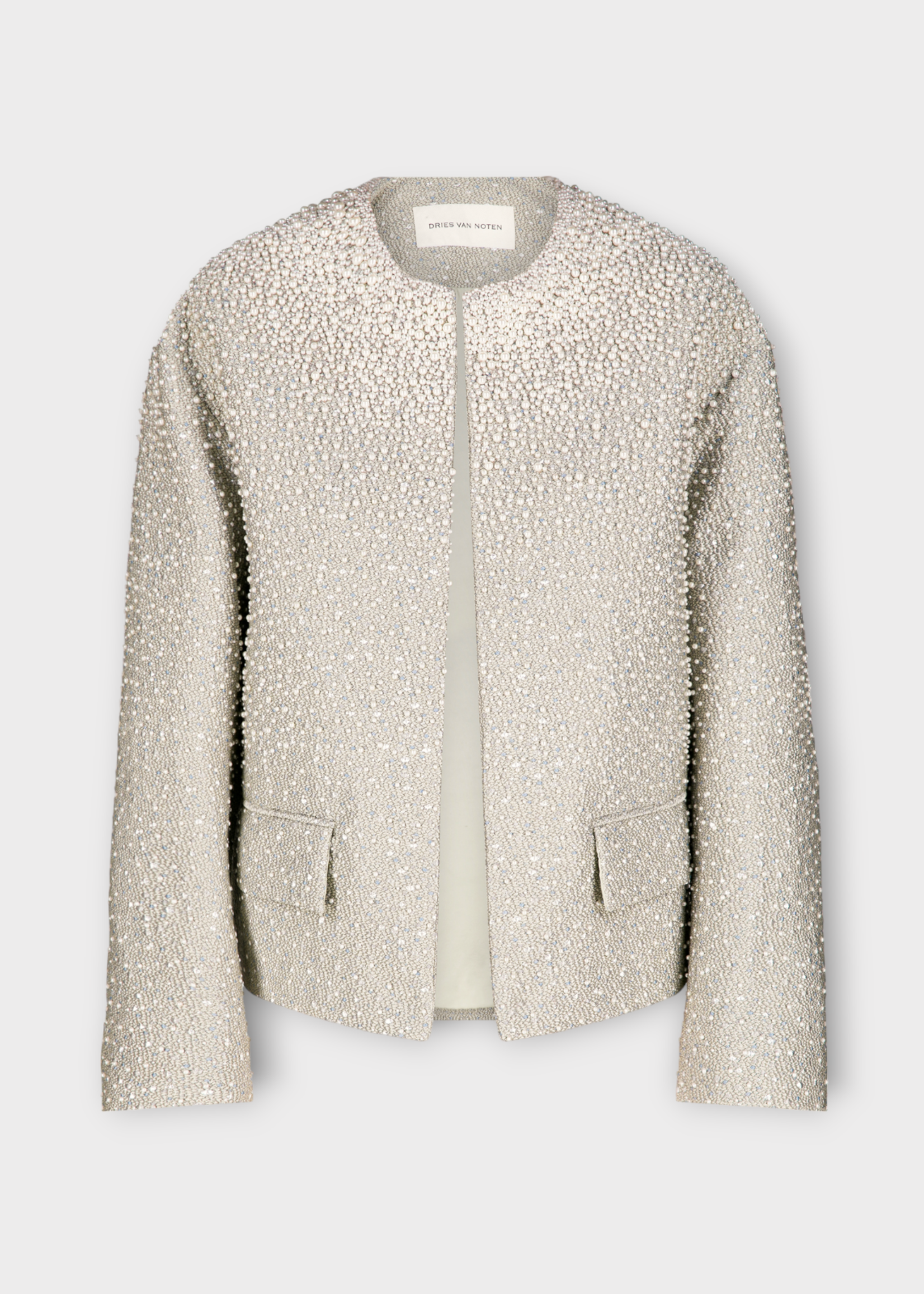 Dries Van Noten Dries Van Noten Jacket, Silver, Vonda Lurex Jacquard Crew Neck In Silver w/ With All Over Dotted Pattern & Pearls