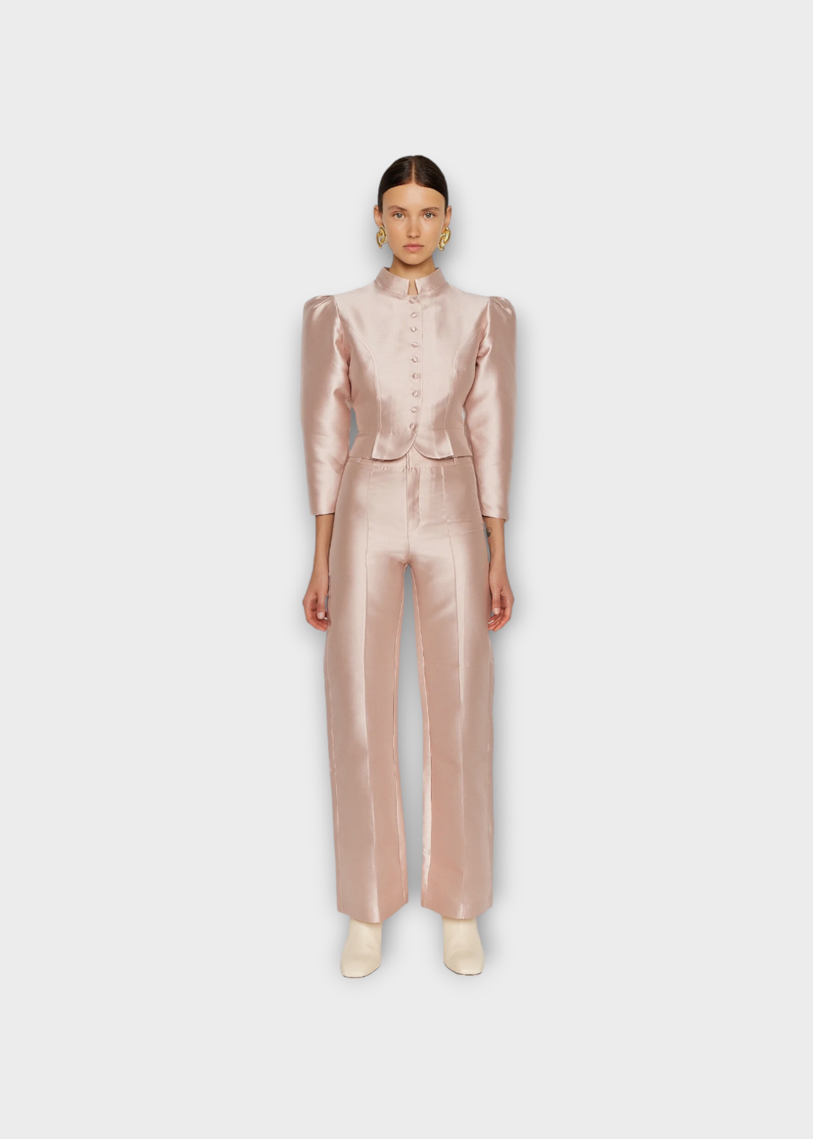 Destree Destree Jacket, Beige, Amoako Smart Collared Button Up Cropped Jacket In Niagara Nude w/ Puffy Shoulders