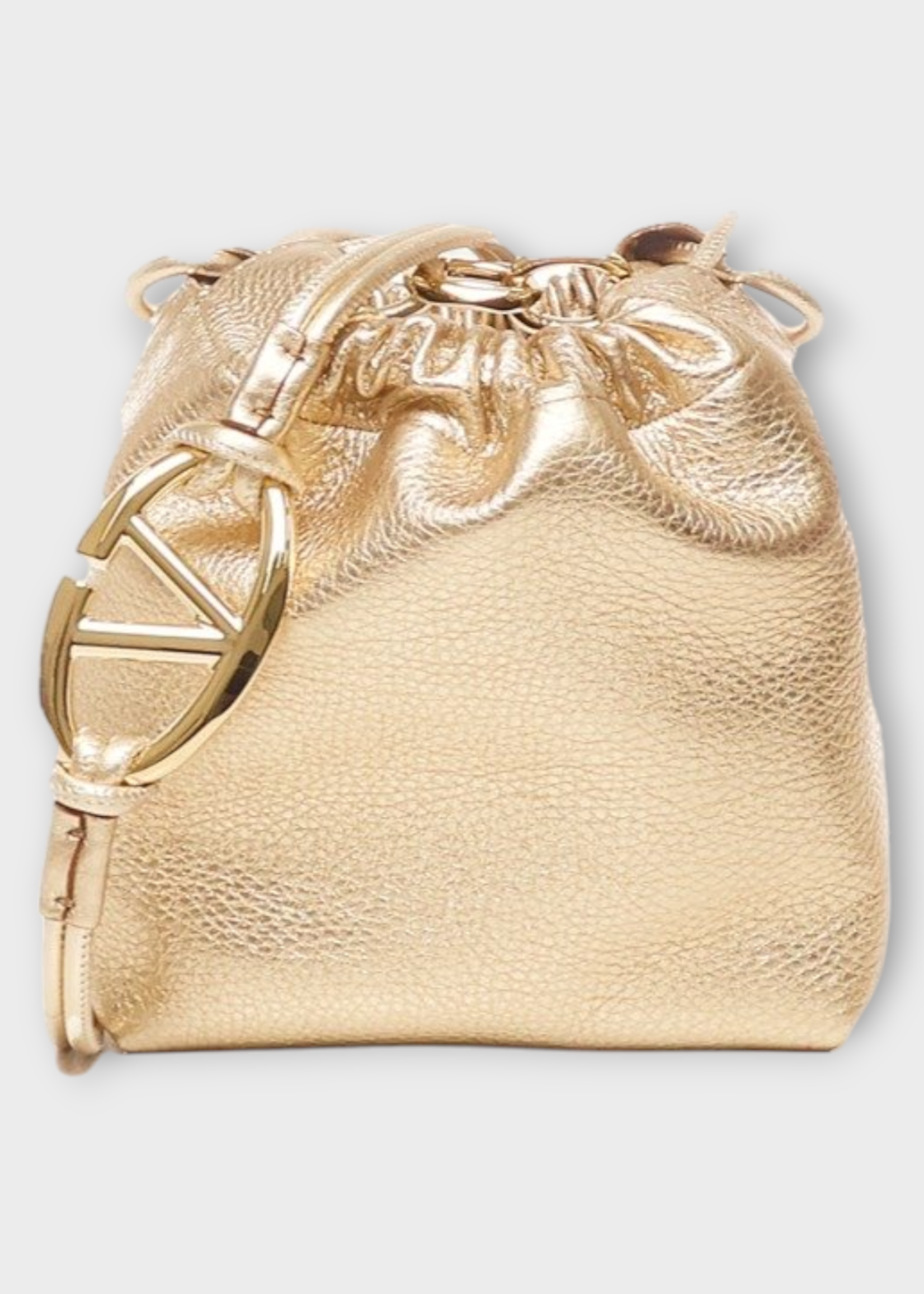 Valentino Valentino Bag, Gold,  V-Logo Pouf Metallic Leather Mini Bucket Bag In Mekong