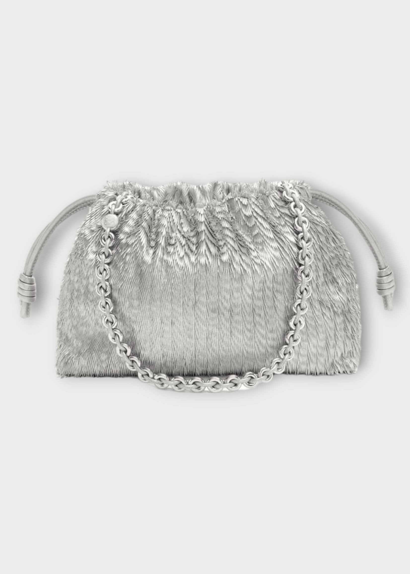 Loewe Loewe Bag, Silver, Flamenco Fringed Bag w/ Drawstring & Chain Strap
