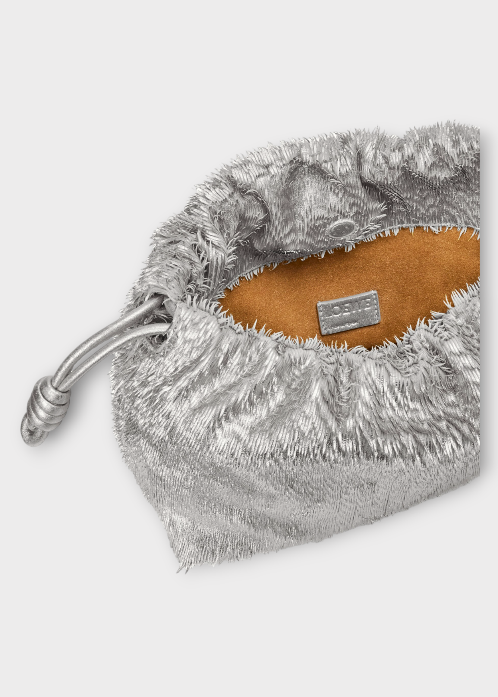 Loewe Loewe Bag, Silver, Flamenco Fringed Bag w/ Drawstring & Chain Strap