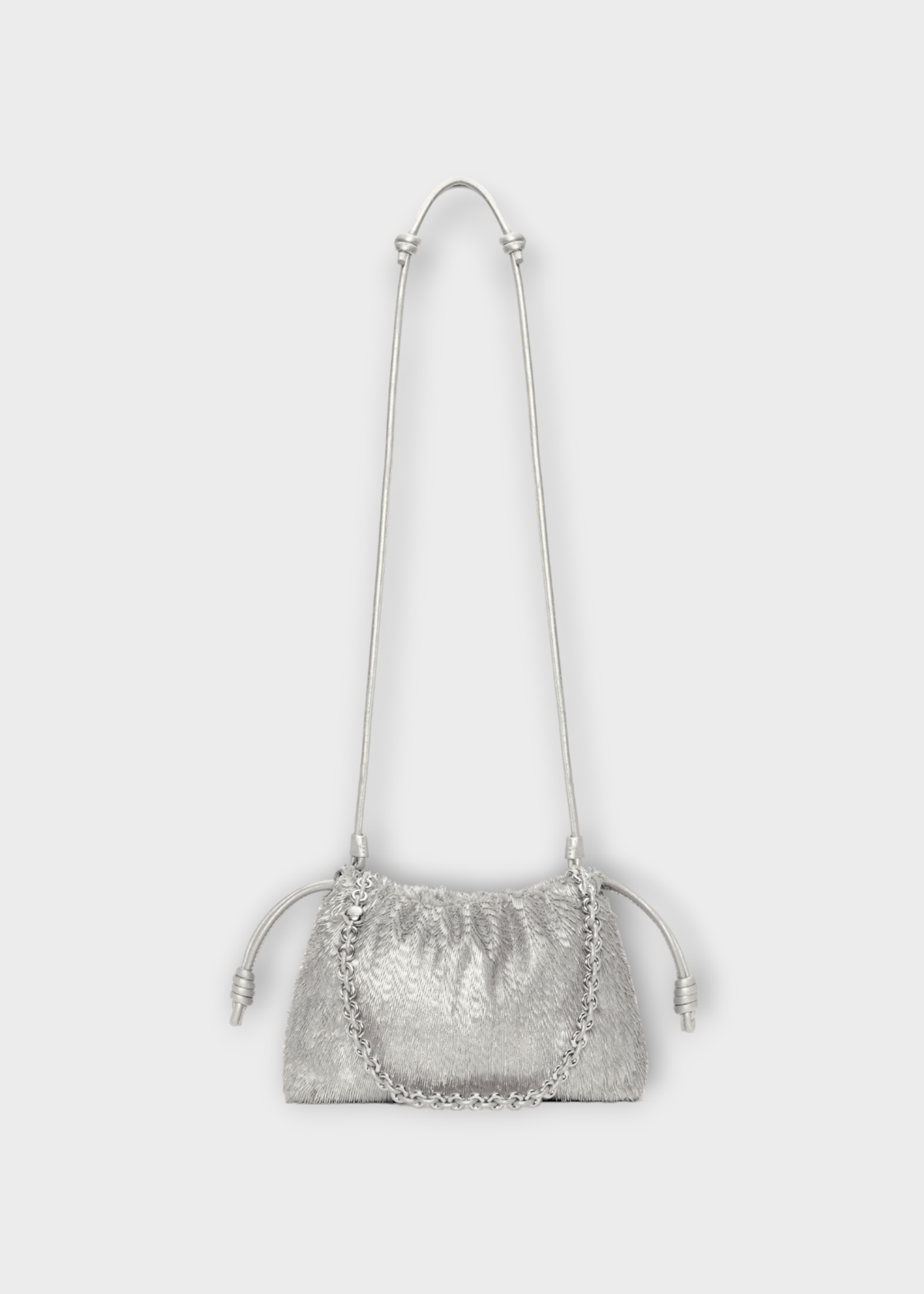 Loewe Loewe Bag, Silver, Flamenco Fringed Bag w/ Drawstring & Chain Strap