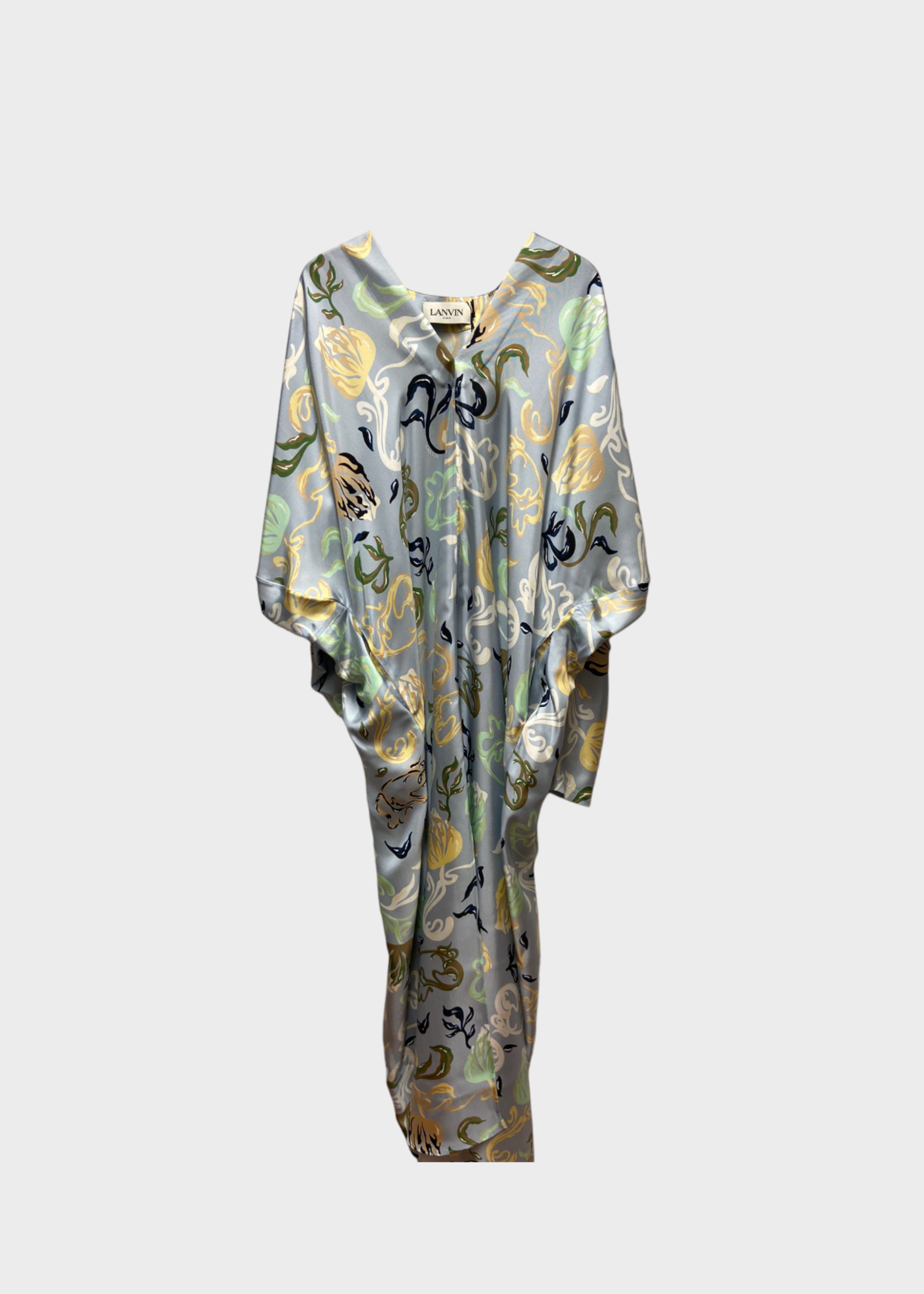 Lanvin Lanvin Dress, Blue, Silk V-Neck Kaftan in Light Blue w/ Abstract Print