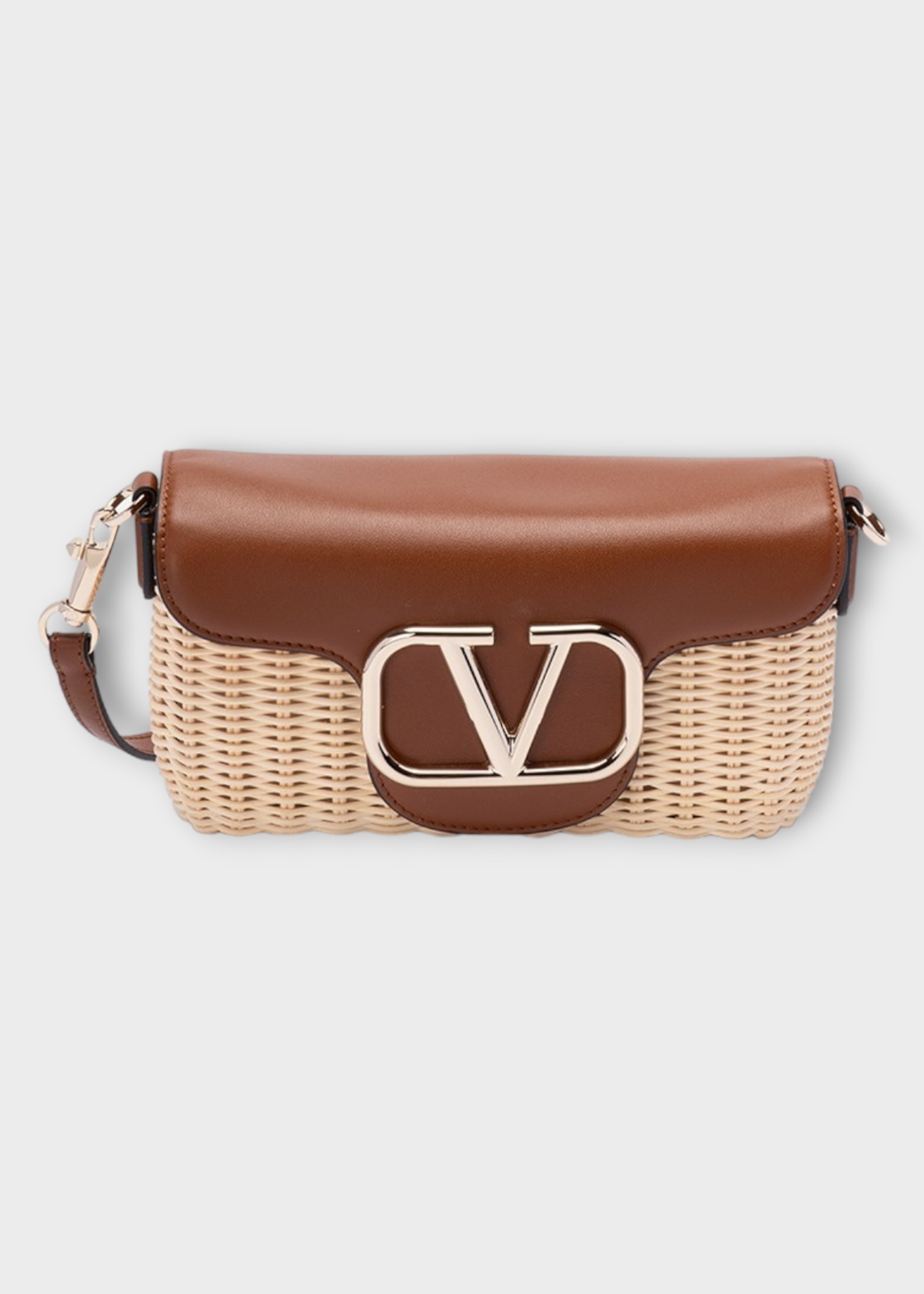 Valentino Valentino Bag, Multi, Loco Wood & Leather V-Logo Shoulder Bag In Natural & Brown