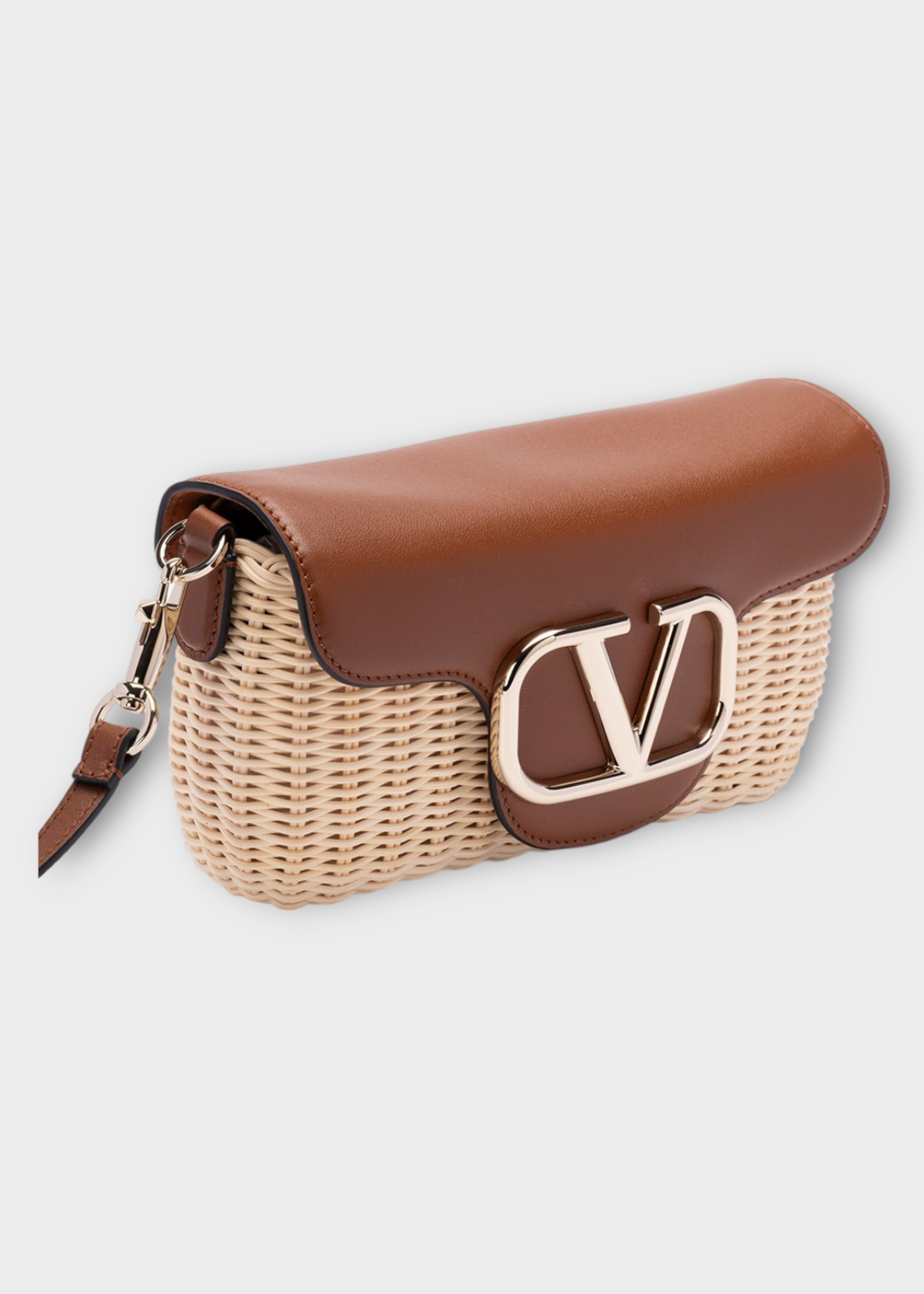Valentino Valentino Bag, Multi, Loco Wood & Leather V-Logo Shoulder Bag In Natural & Brown