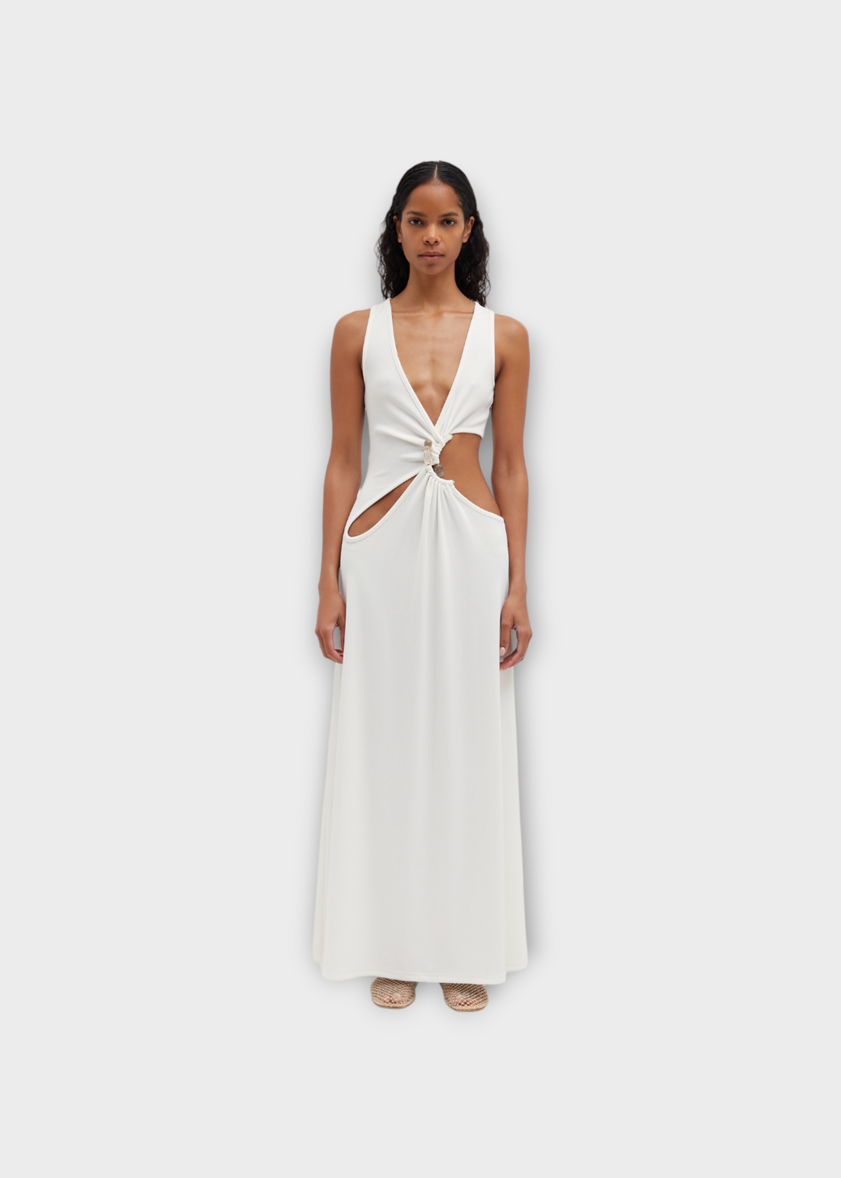 Christopher Esber Christopher Esber Dress, White, Stone Cavern Deep V-Neck Tank Ribbed Long Dress In White w/ Cut Out & Quartz Stone
