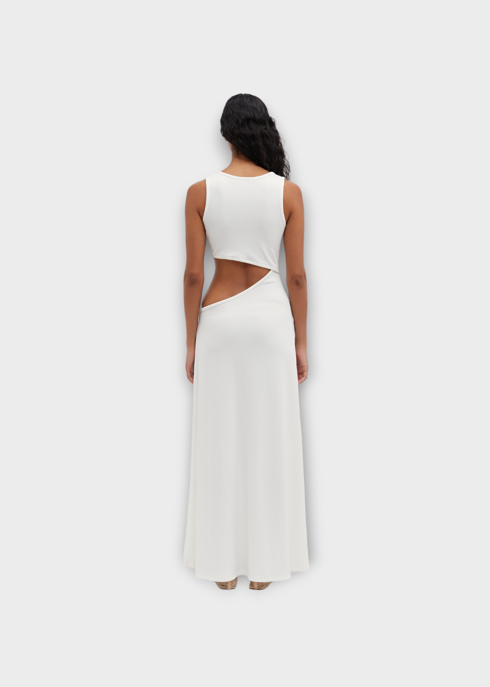 Christopher Esber Christopher Esber Dress, White, Stone Cavern Deep V-Neck Tank Ribbed Long Dress In White w/ Cut Out & Quartz Stone