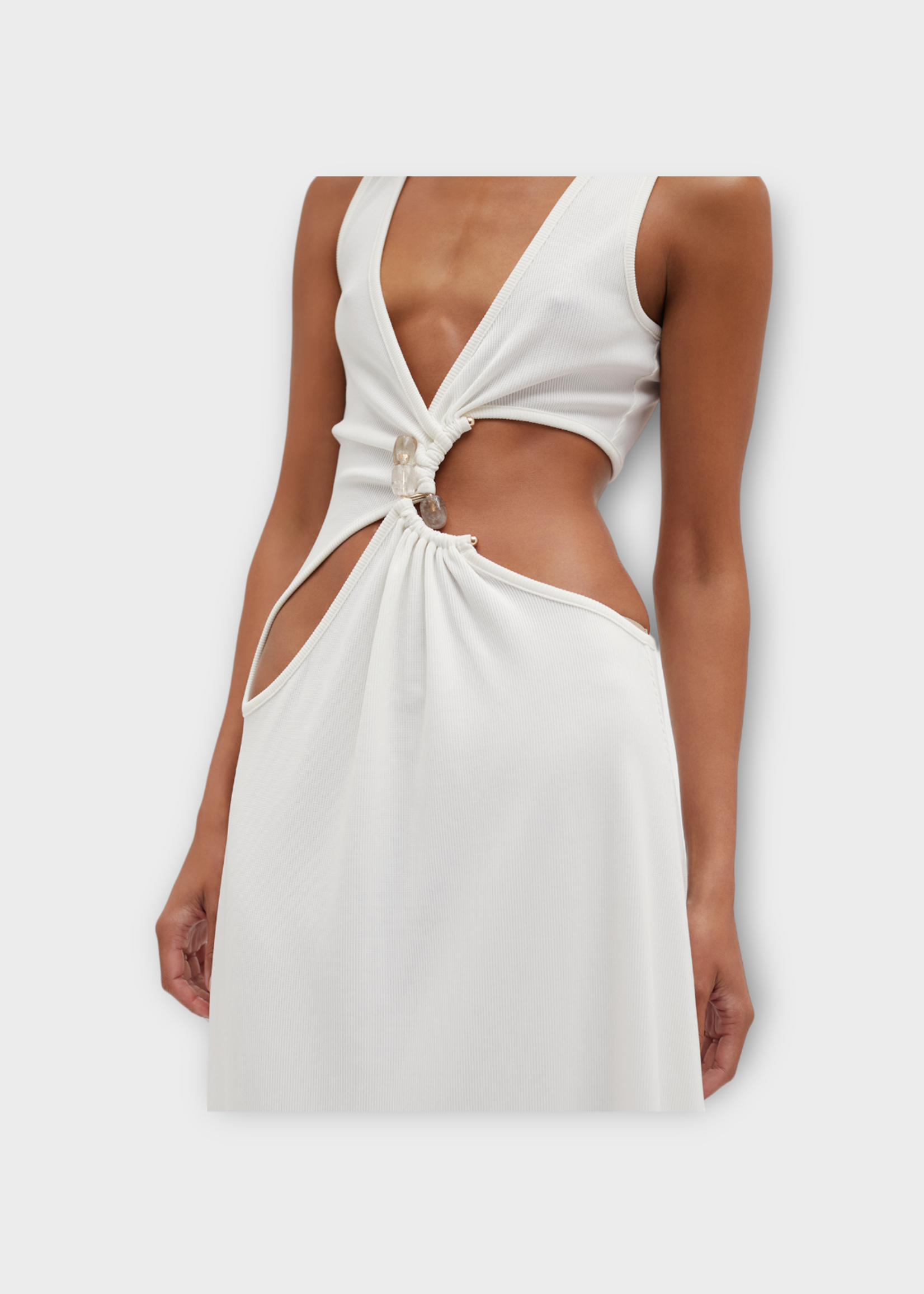 Christopher Esber Christopher Esber Dress, White, Stone Cavern Deep V-Neck Tank Ribbed Long Dress In White w/ Cut Out & Quartz Stone