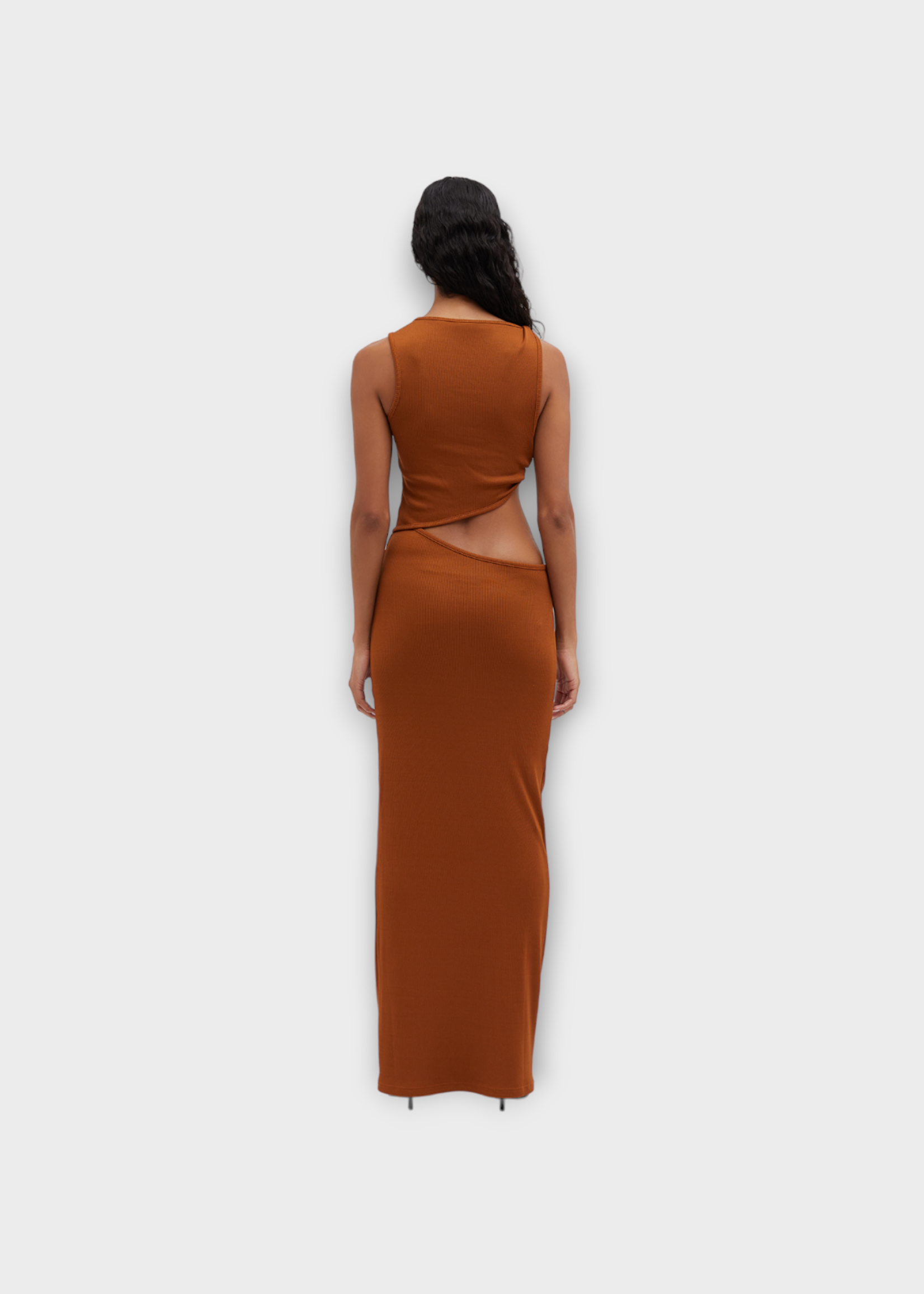 Christopher Esber Christopher Esber Dress, Brown, Stone Scythe Tank Compact Ribbed Long Dress In Ginger w/ Cut Out & Agathe Stone