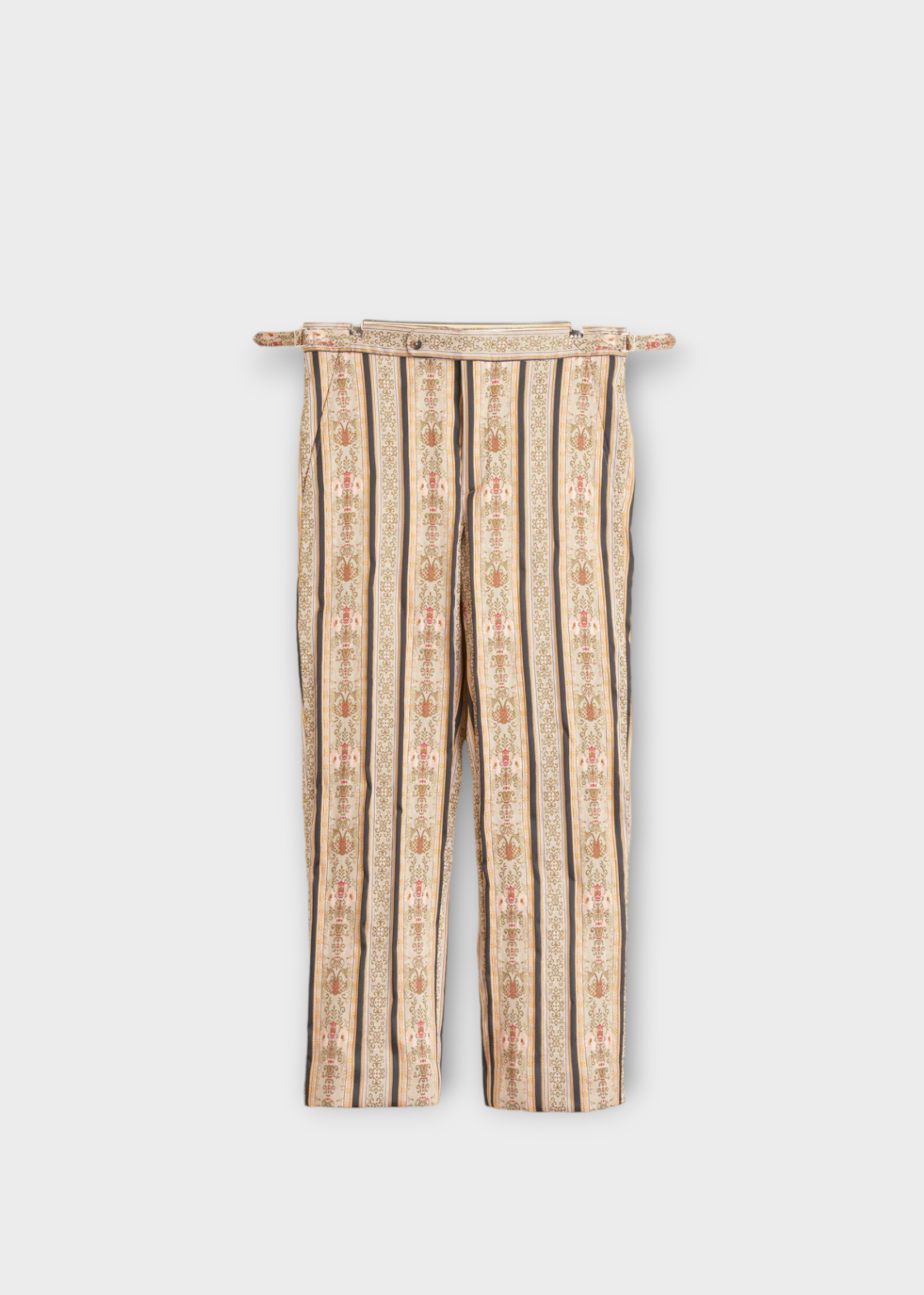 Bode Bode Trousers, Multi, Floret Brocade Mid Rise Straight Leg Trousers In Beige w/ Stripe & Floral Motif