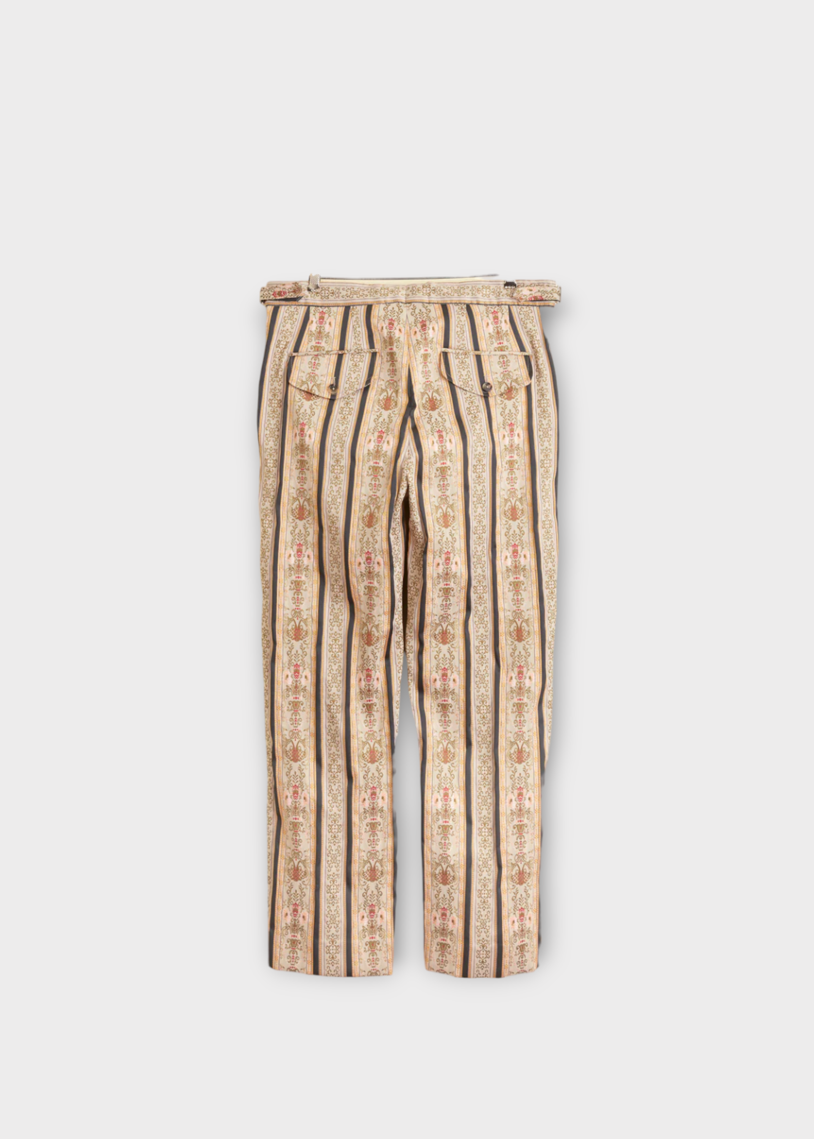 Bode Bode Trousers, Multi, Floret Brocade Mid Rise Straight Leg Trousers In Beige w/ Stripe & Floral Motif