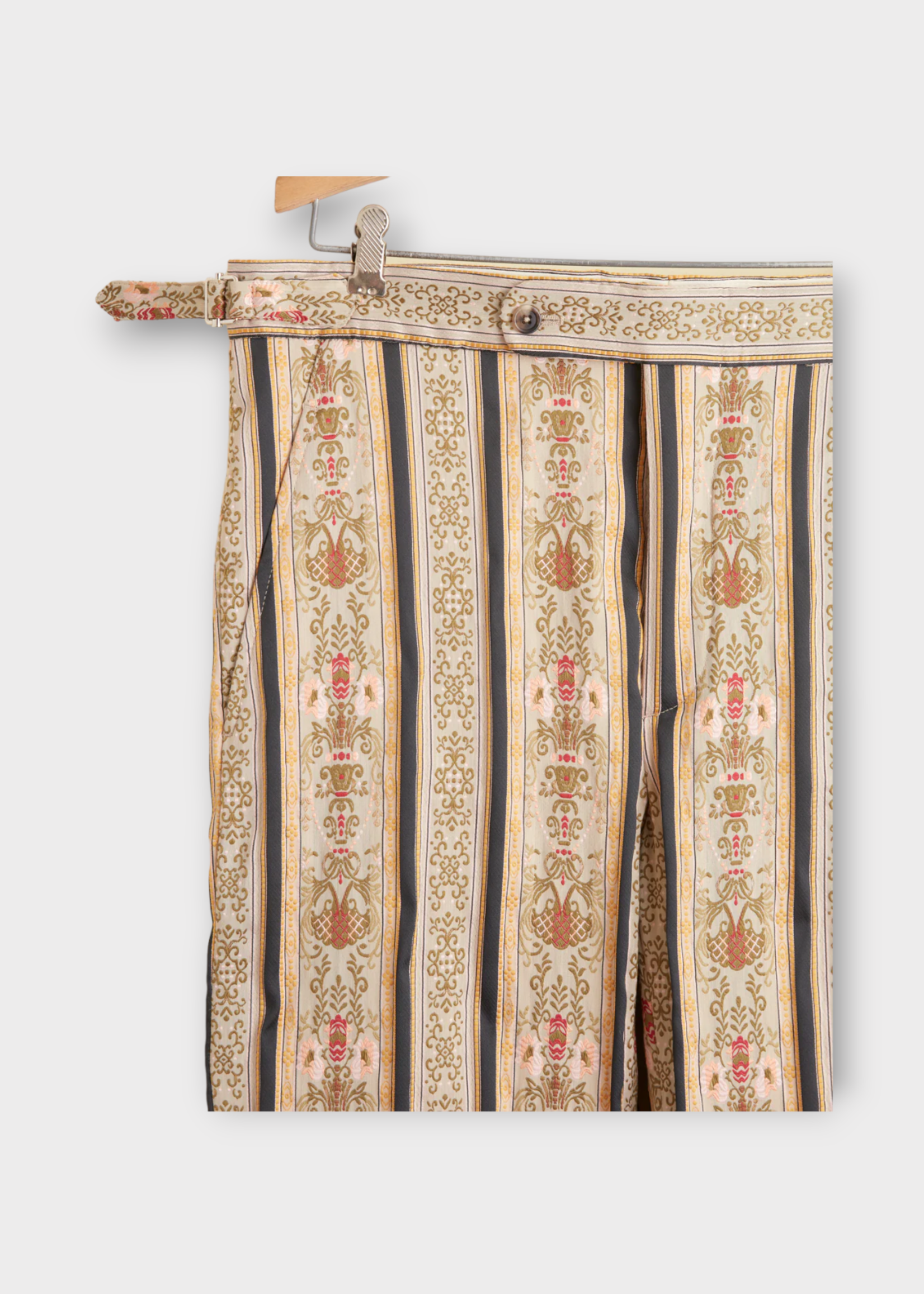 Bode Bode Trousers, Multi, Floret Brocade Mid Rise Straight Leg Trousers In Beige w/ Stripe & Floral Motif