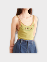 Bode Bode Top, Multi, Beaded Dahlia Cotton Ribbed Tank Top In Green w/ Flower Embroidery