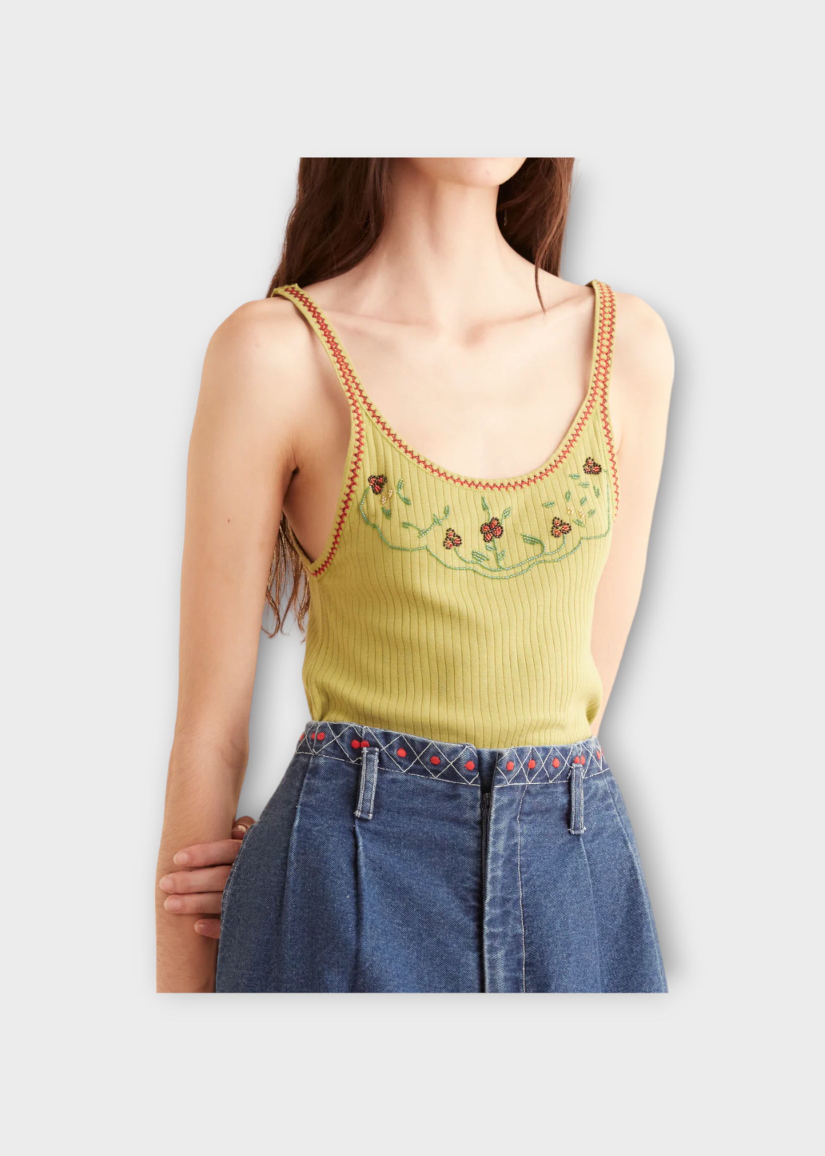Bode Bode Top, Multi, Beaded Dahlia Cotton Ribbed Tank Top In Green w/ Flower Embroidery