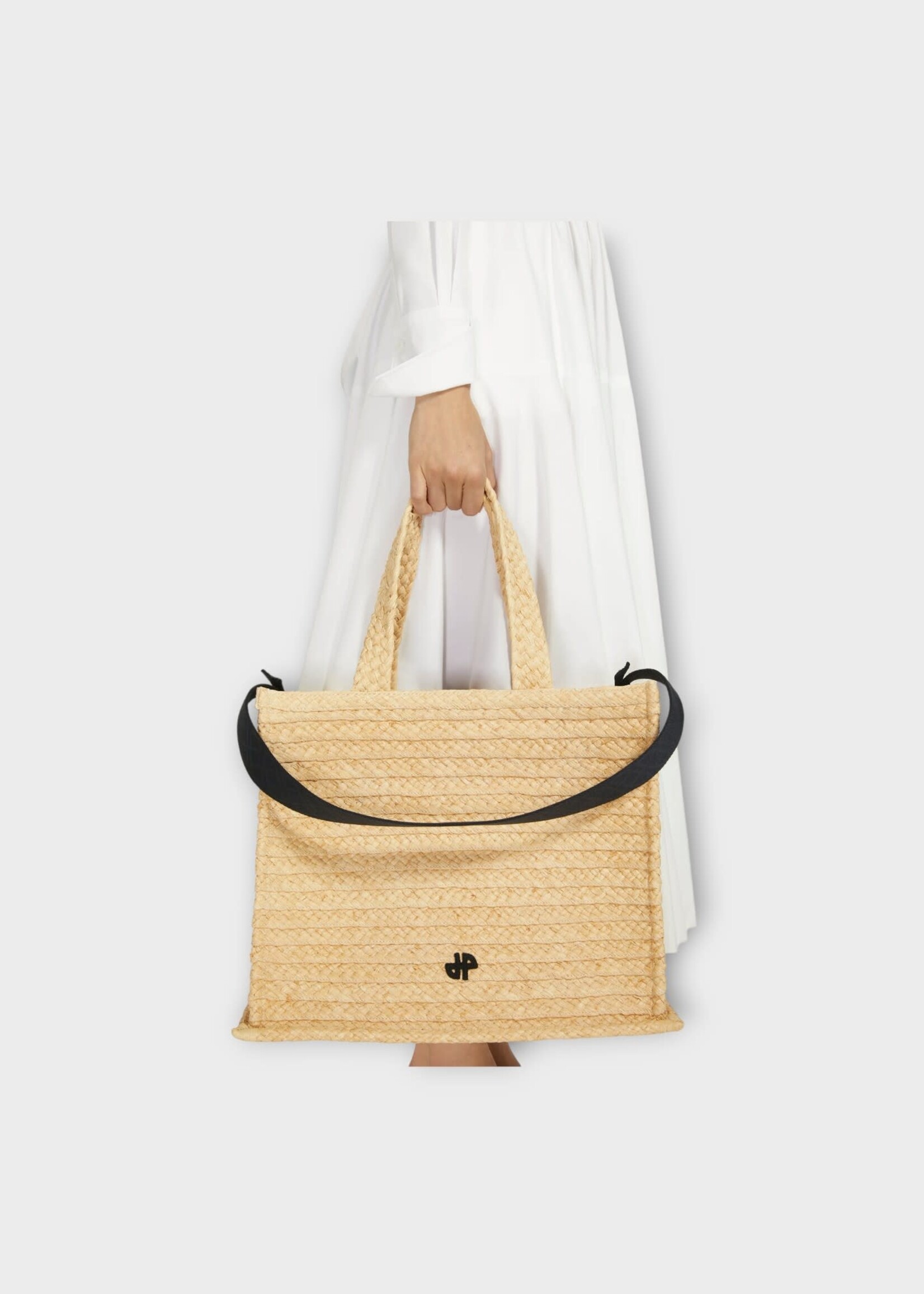 Patou Patou Bag, Beige, Raffia Large Tote Bag In Vanilla w/ Black Shoulder Strap