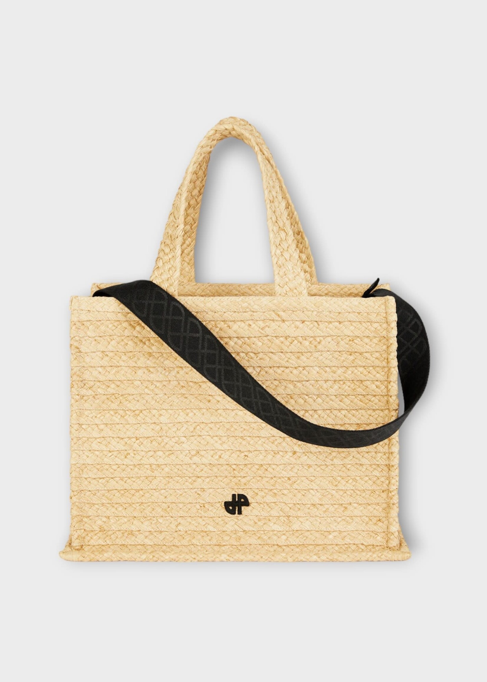 Patou Patou Bag, Beige, Raffia Large Tote Bag In Vanilla w/ Black Shoulder Strap