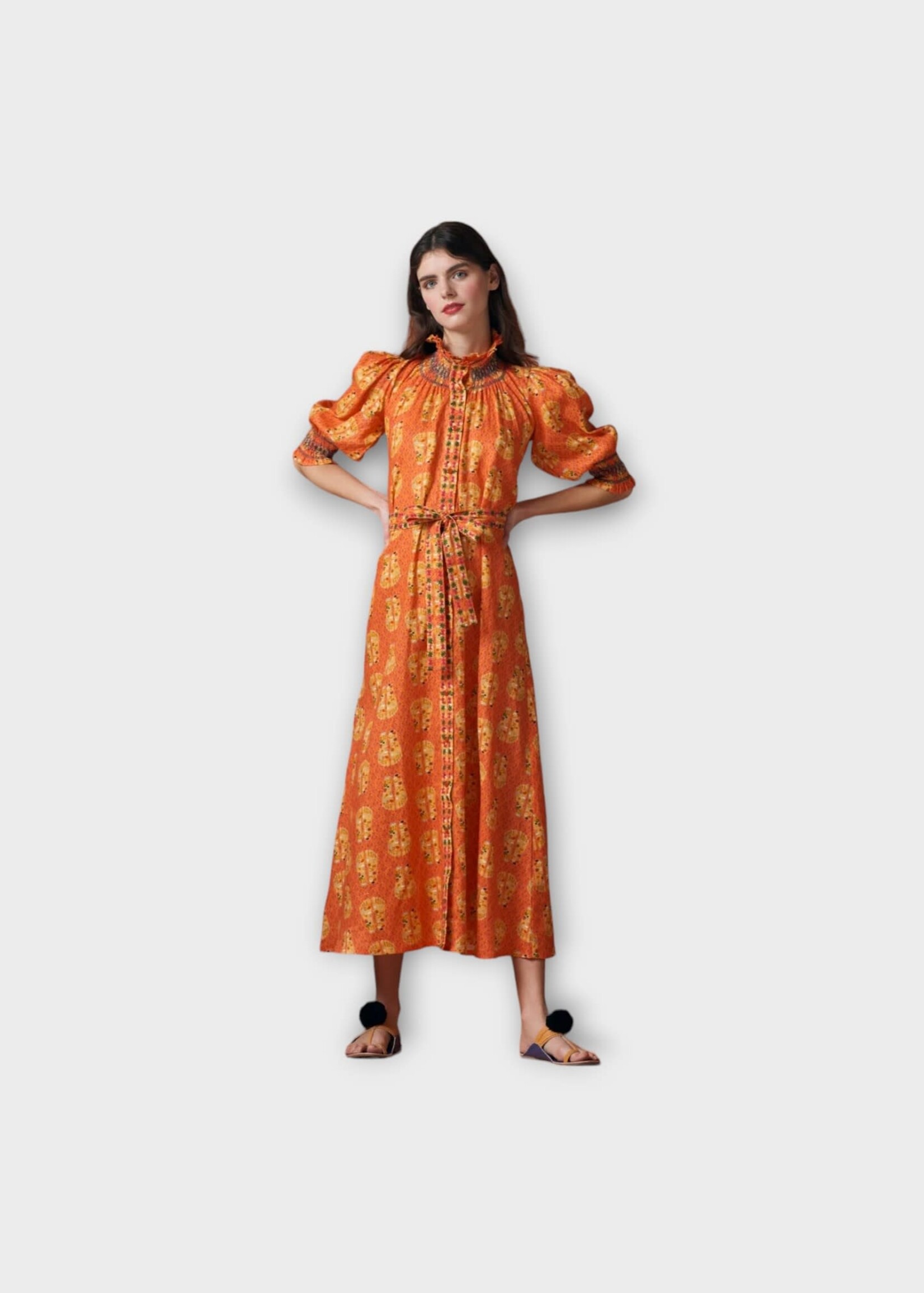Muzungu Sisters Muzungu Sisters Dress, Print, Alexia Linen High Neck Three Quarter Sleeve Belted Maxi Dress In Orange w/ Lotus Feet Coral Print