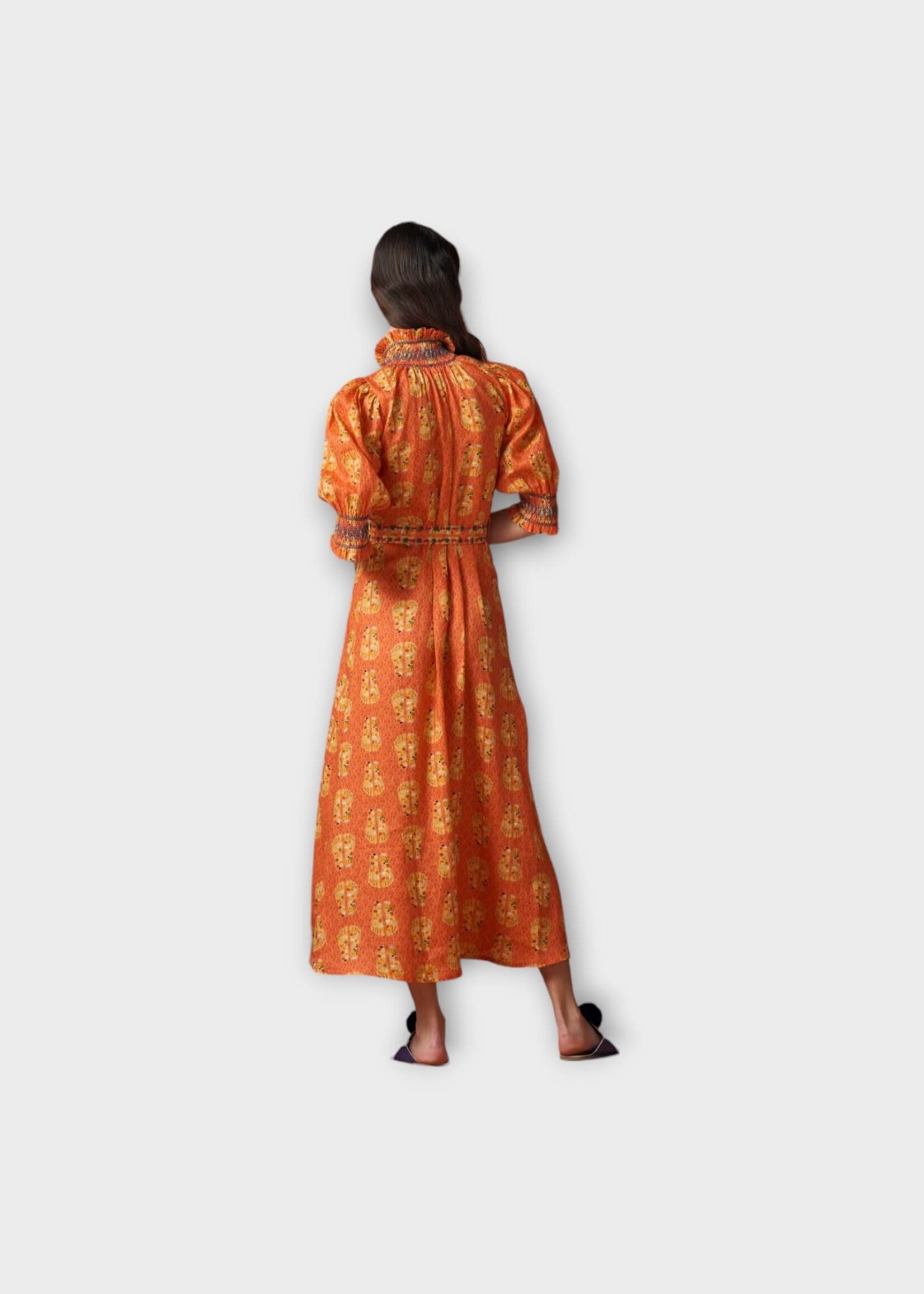 Muzungu Sisters Muzungu Sisters Dress, Print, Alexia Linen High Neck Three Quarter Sleeve Belted Maxi Dress In Orange w/ Lotus Feet Coral Print