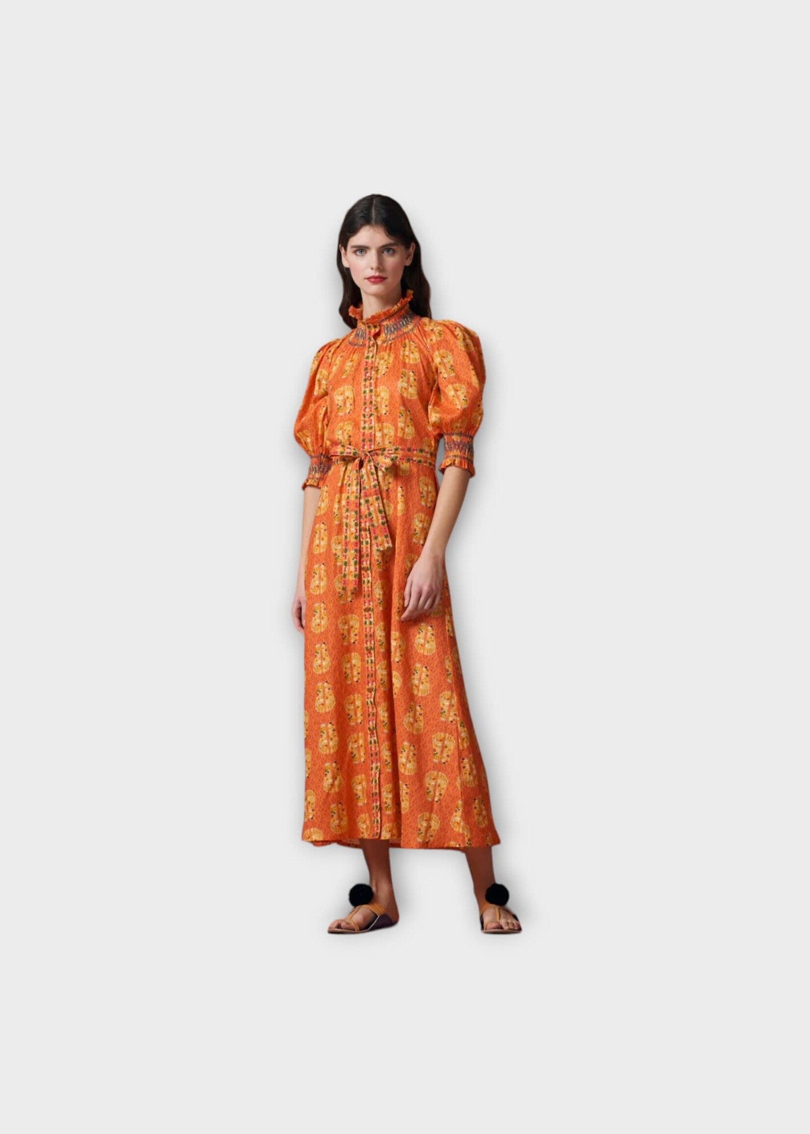 Muzungu Sisters Muzungu Sisters Dress, Print, Alexia Linen High Neck Three Quarter Sleeve Belted Maxi Dress In Orange w/ Lotus Feet Coral Print