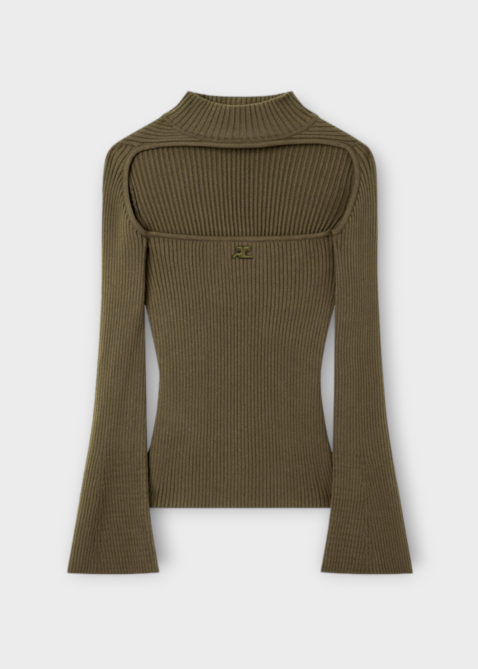 Courreges Courreges Top, Green, Hyperbole Ribbed Knitted Long Flared Sleeve Sweater In Camouflage Green
