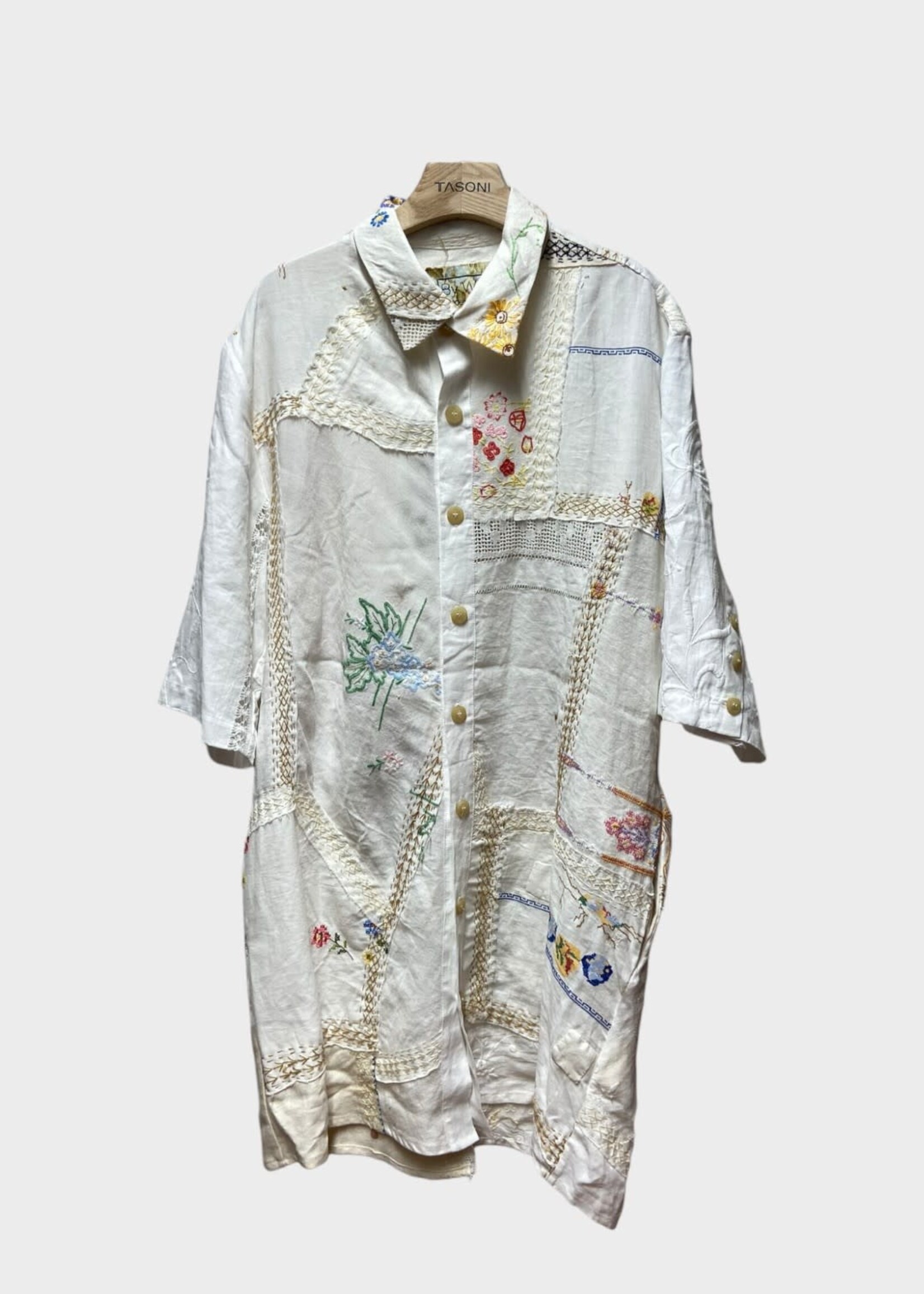 By Walid By Walid Dress, Print, Farida Linen Collared Button Up Shirt Mini Dress In Natural w/ Embroidery