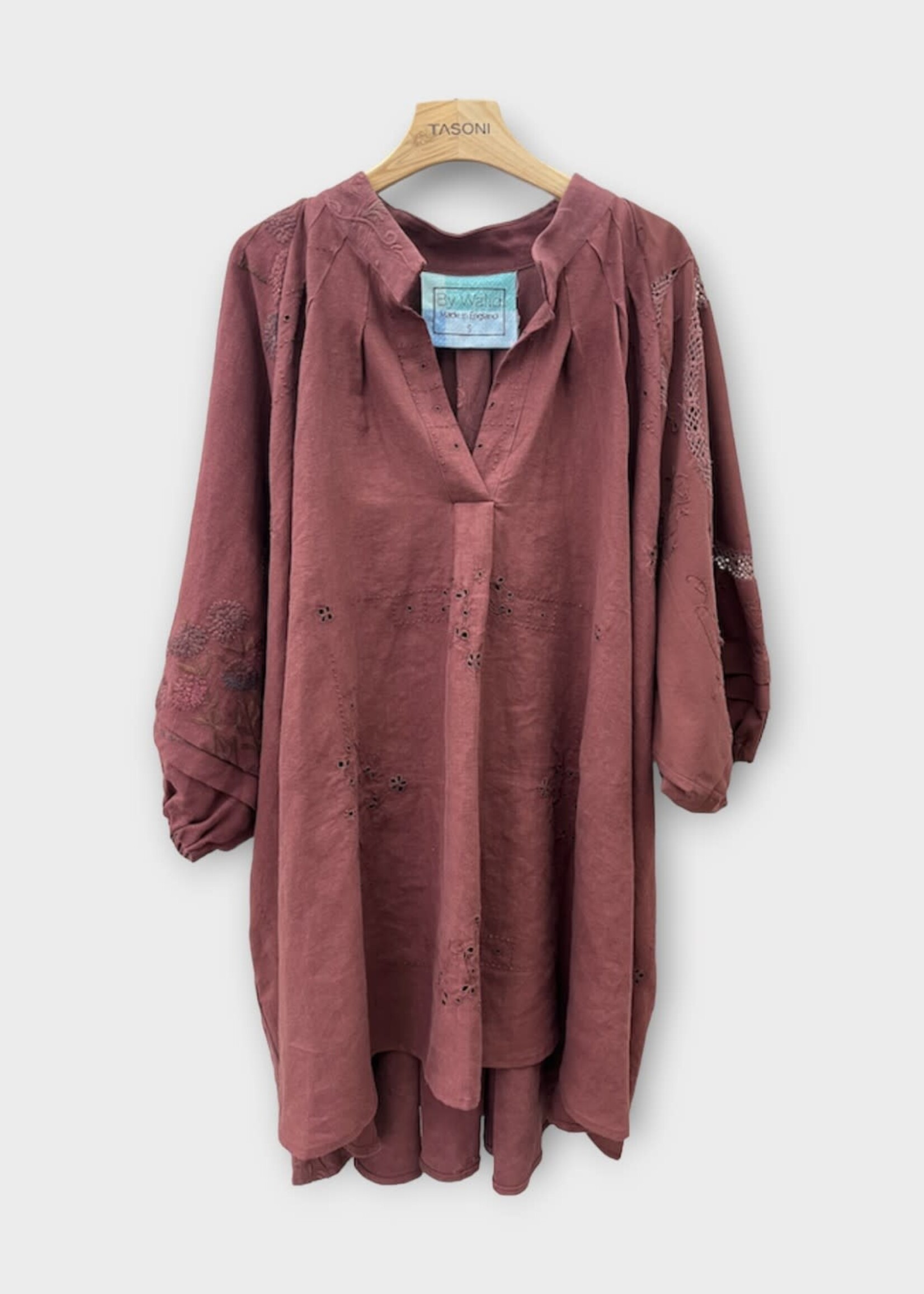 By Walid By Walid Dress, Red, Harper Smock Linen V-Neck Puff Sleeves Short Dress In Burgundy w/ Embroidery