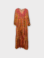 Muzungu Sisters Muzungu Sisters Dress, Print, Frangipani Silk V-Neck Long Dress In Orange w/ Vagator Print & Pink Embroidery x Tasoni Exclusive