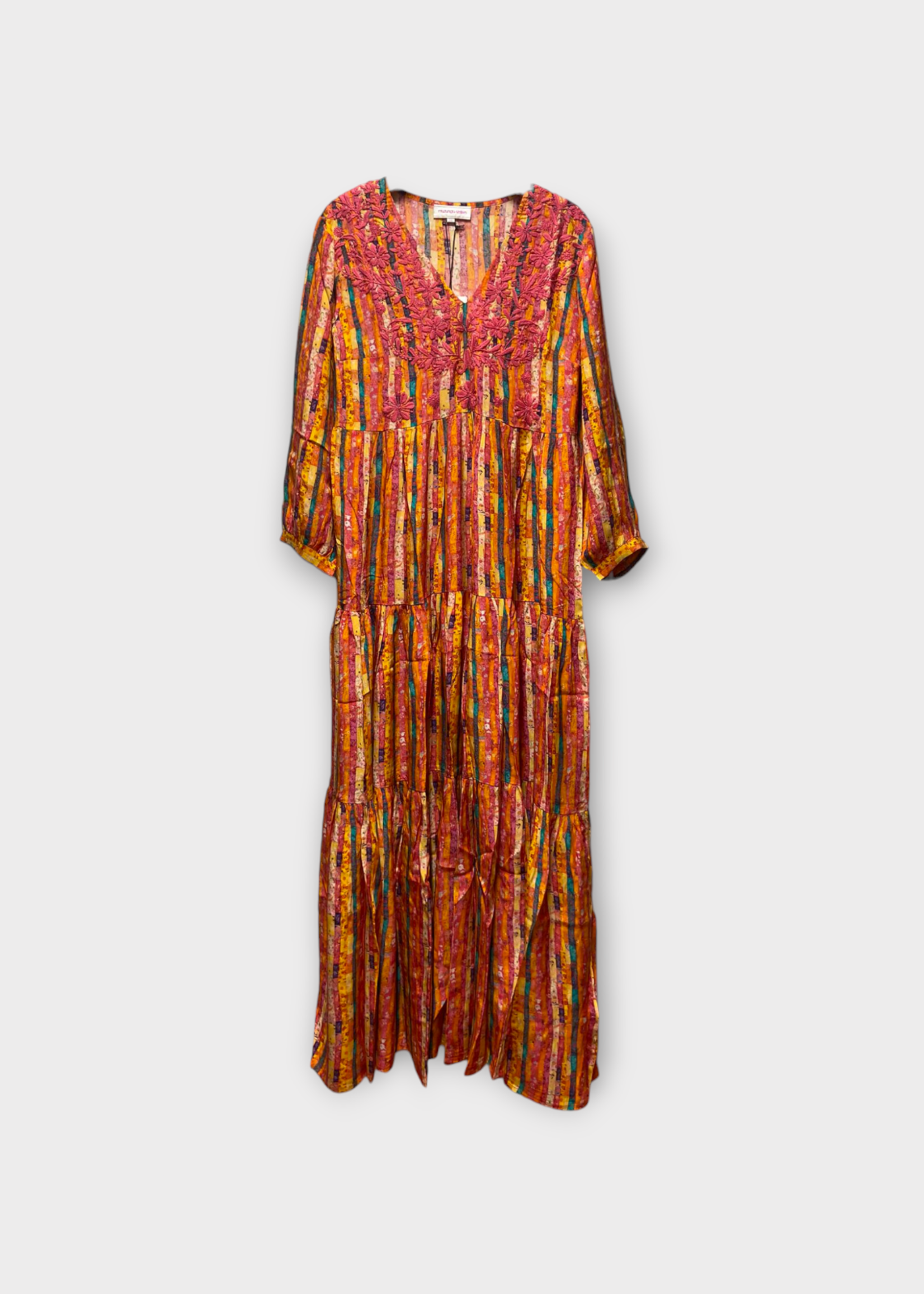 Muzungu Sisters Muzungu Sisters Dress, Print, Frangipani Silk V-Neck Long Dress In Orange w/ Vagator Print & Pink Embroidery x Tasoni Exclusive