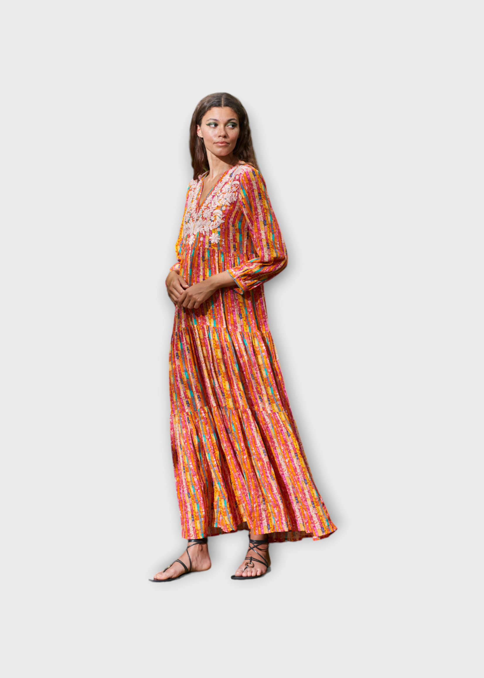 Muzungu Sisters Muzungu Sisters Dress, Print, Frangipani Silk V-Neck Long Dress In Orange w/ Vagator Print & Pink Embroidery x Tasoni Exclusive