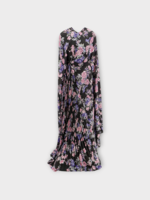 Balenciaga Balenciaga Dress, Print, V-Neck Circle Pleated Long Dress in Black & Purple w/ Flower Print