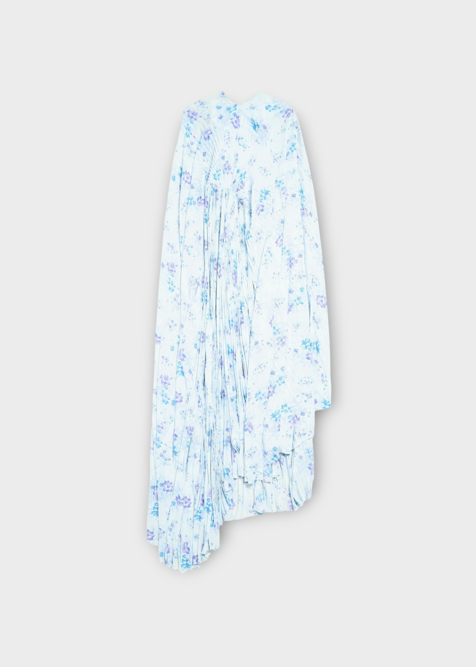 Balenciaga Balenciaga Dress, Print, V-Neck Circle Pleated Long Dress in White & Blue w/ Flower Print