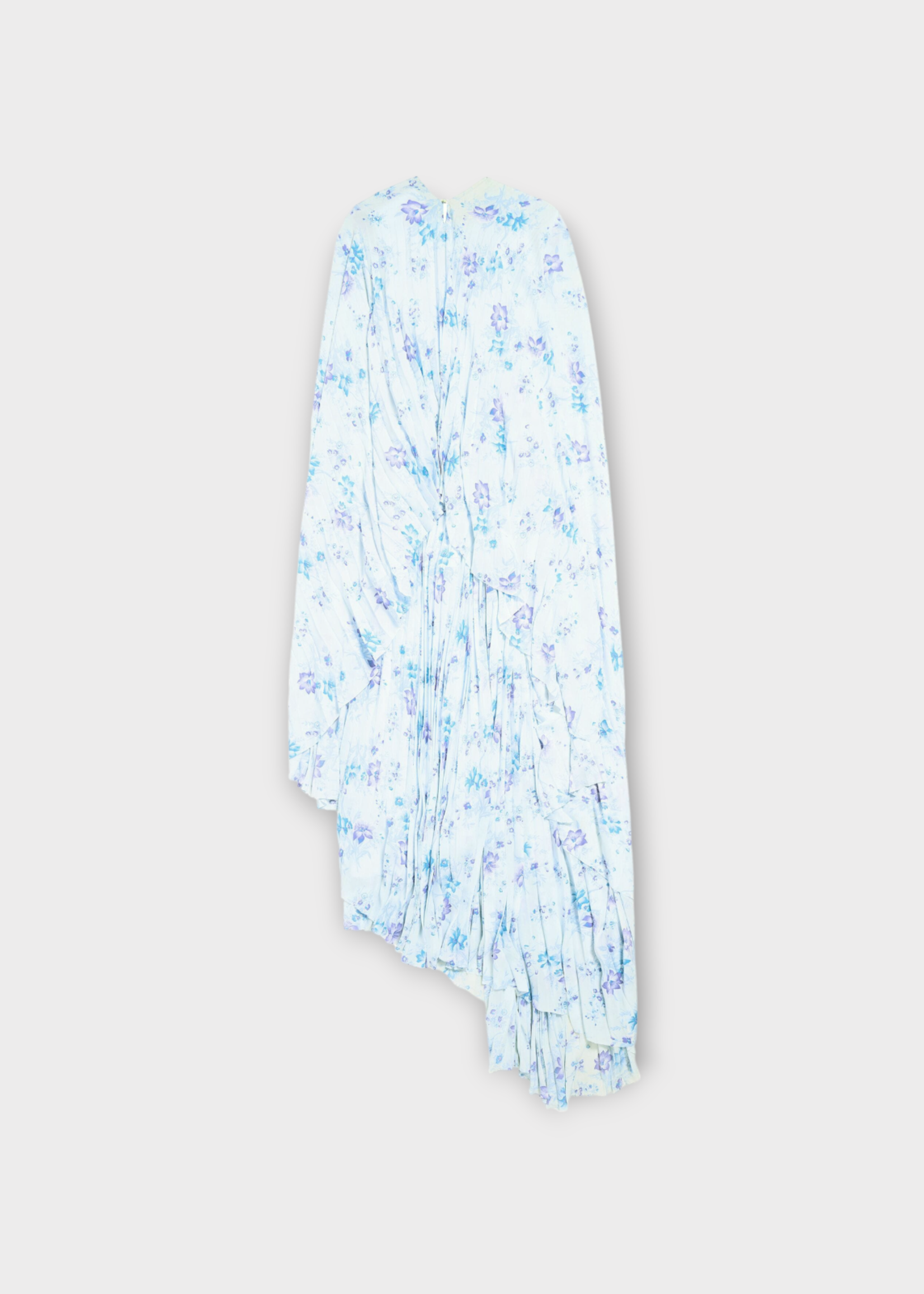 Balenciaga Balenciaga Dress, Print, V-Neck Circle Pleated Long Dress in White & Blue w/ Flower Print