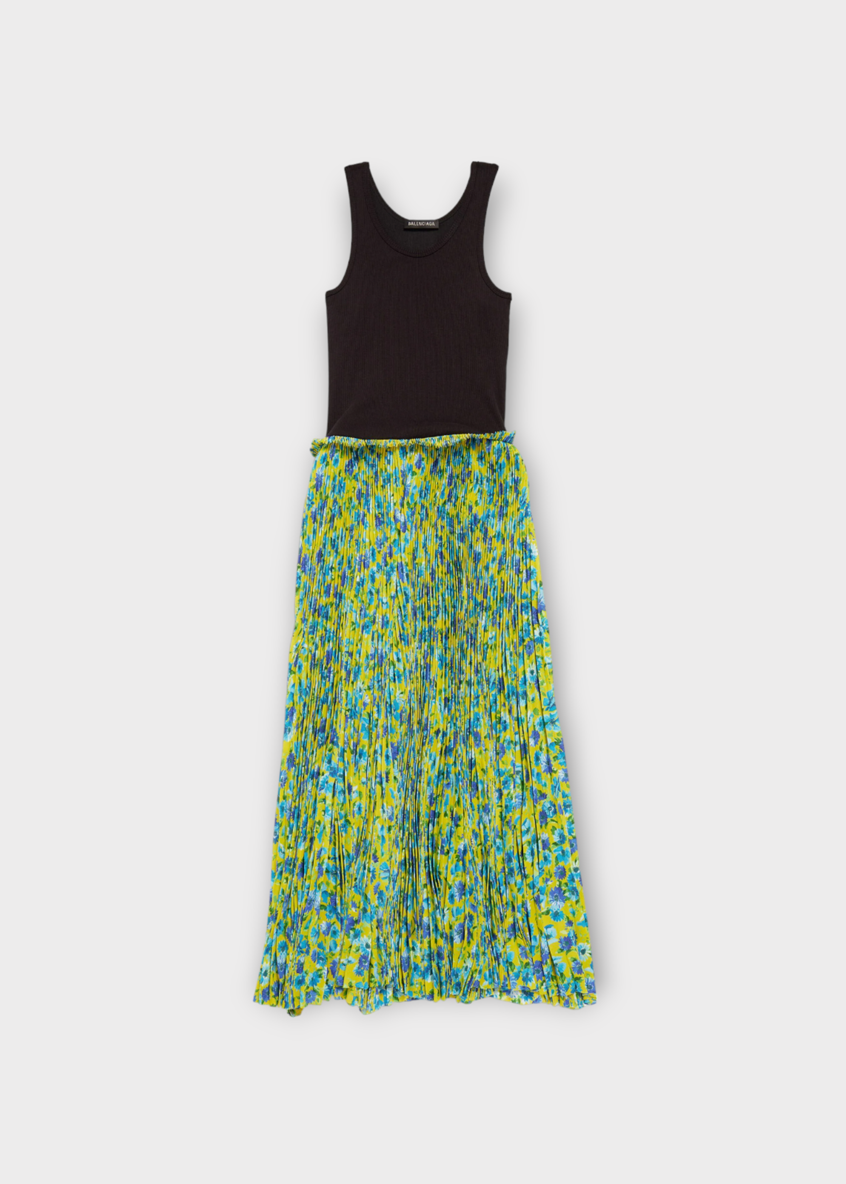 Balenciaga Balenciaga Dress, Print, Hybrid Tank Top Pleated Dress in Blue & Yellow w/ Flower Print