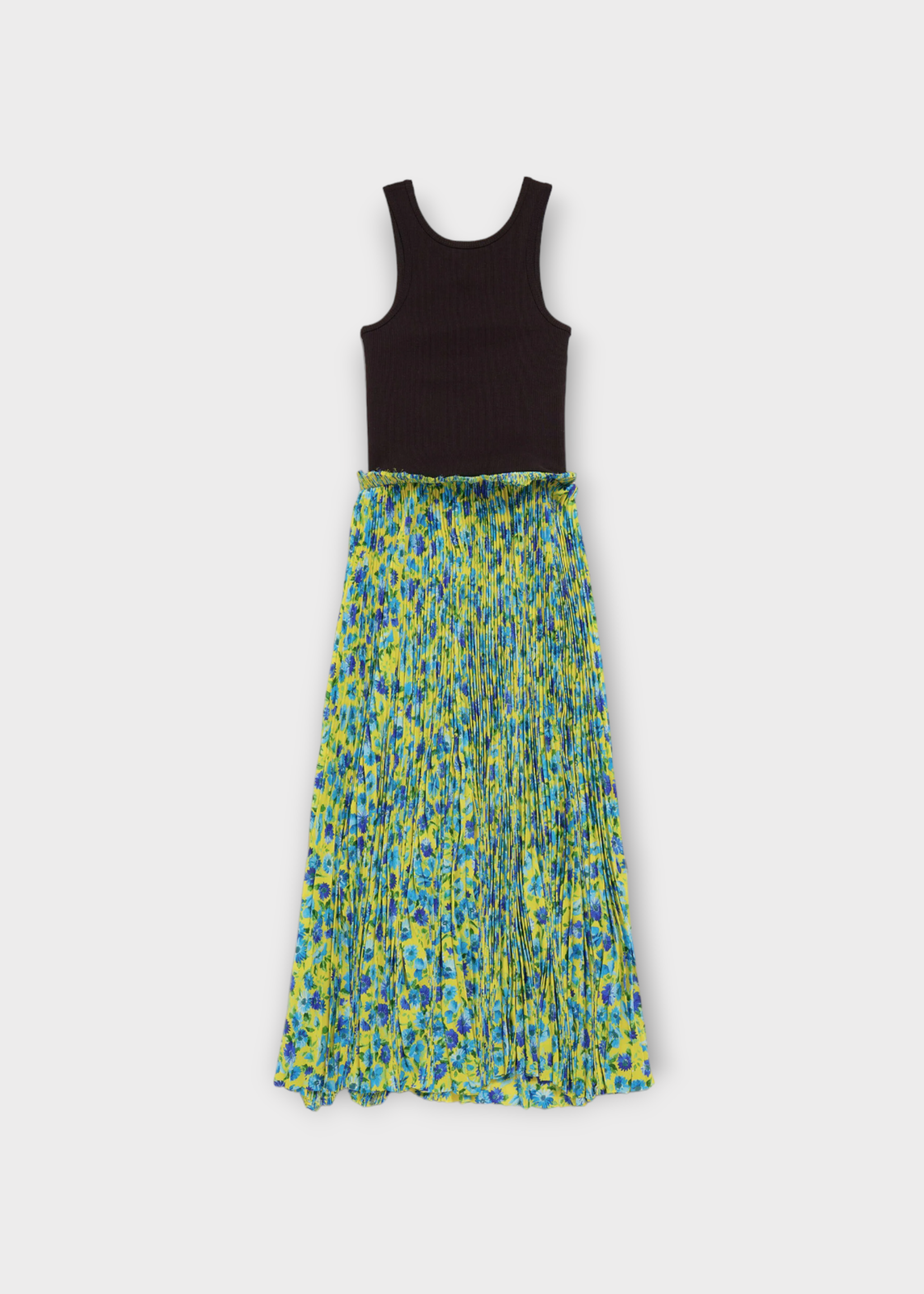 Balenciaga Balenciaga Dress, Print, Hybrid Tank Top Pleated Dress in Blue & Yellow w/ Flower Print