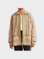 Bode Bode Coat, Multi, Linen Collared Button Up Coat In Brown & Multi w/ Trumpet Flower Embroidery