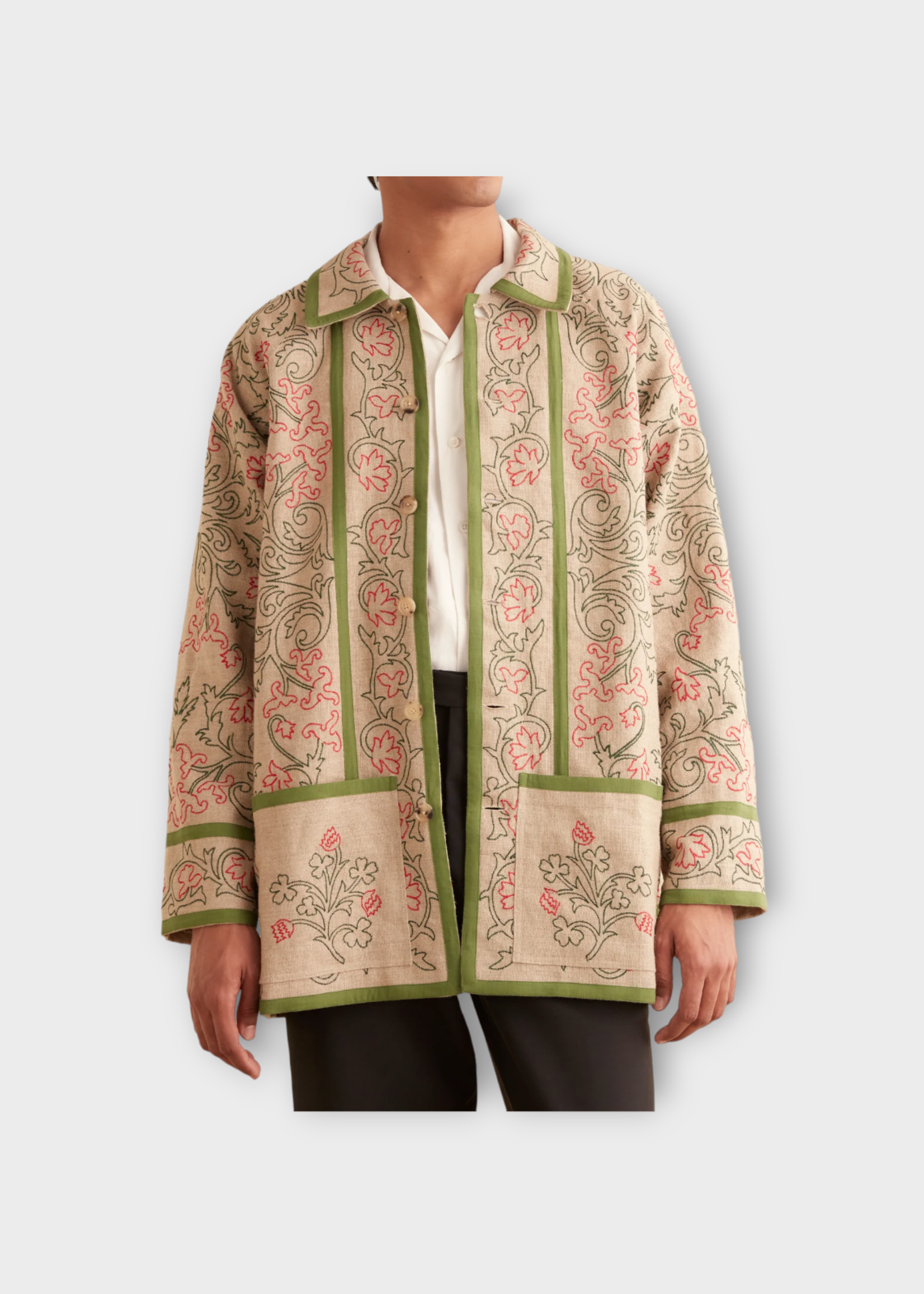 Bode Bode Coat, Multi, Linen Collared Button Up Coat In Brown & Multi w/ Trumpet Flower Embroidery