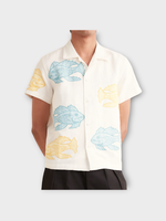 Bode Bode Shirt, Multi, Linen Collared Button Up Short Sleeve Shirt In White w/ Fishes Patches
