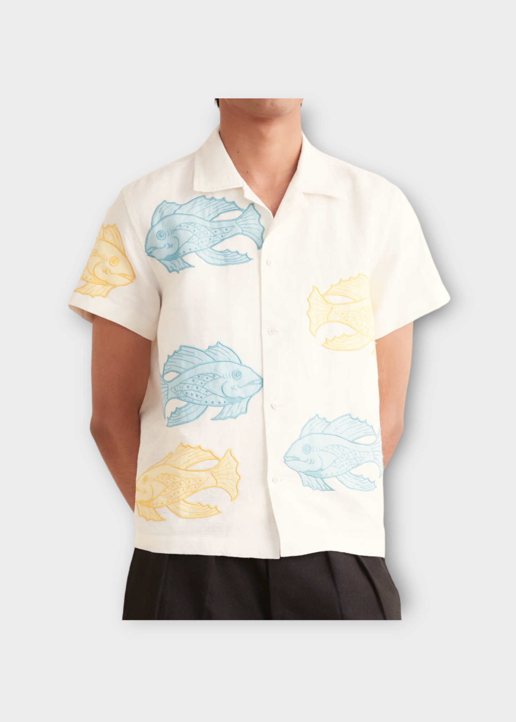 Bode Bode Shirt, Multi, Linen Collared Button Up Short Sleeve Shirt In White w/ Fishes Patches