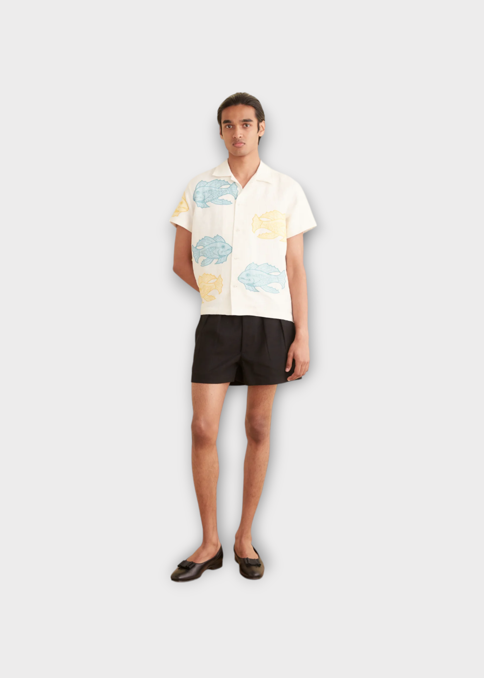 Bode Bode Shirt, Multi, Linen Collared Button Up Short Sleeve Shirt In White w/ Fishes Patches