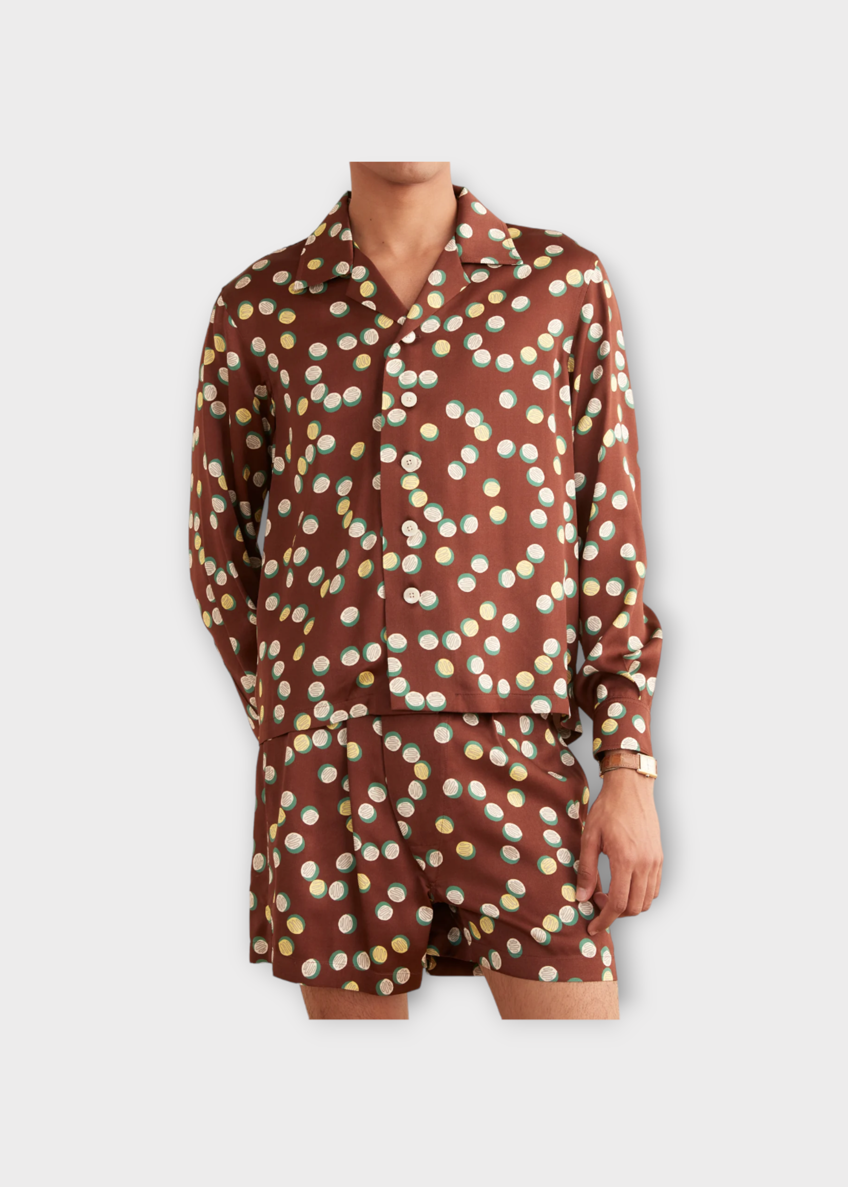 Bode Bode Shirt, Print, Collared Button Up Shirt In Brown & Multi w/ Overlapping Bubble Dots Print