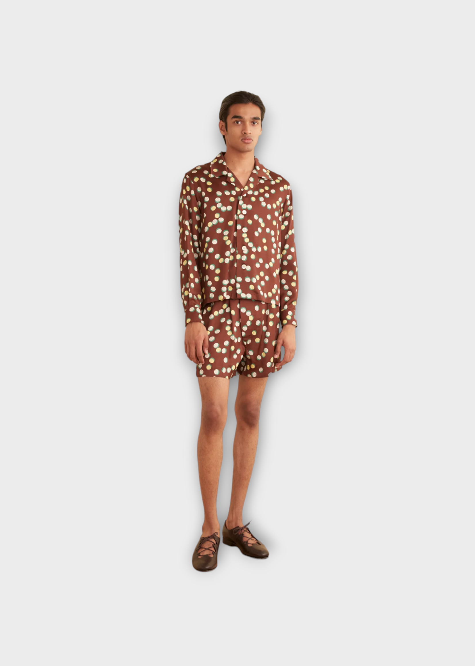 Bode Bode Shirt, Print, Collared Button Up Shirt In Brown & Multi w/ Overlapping Bubble Dots Print