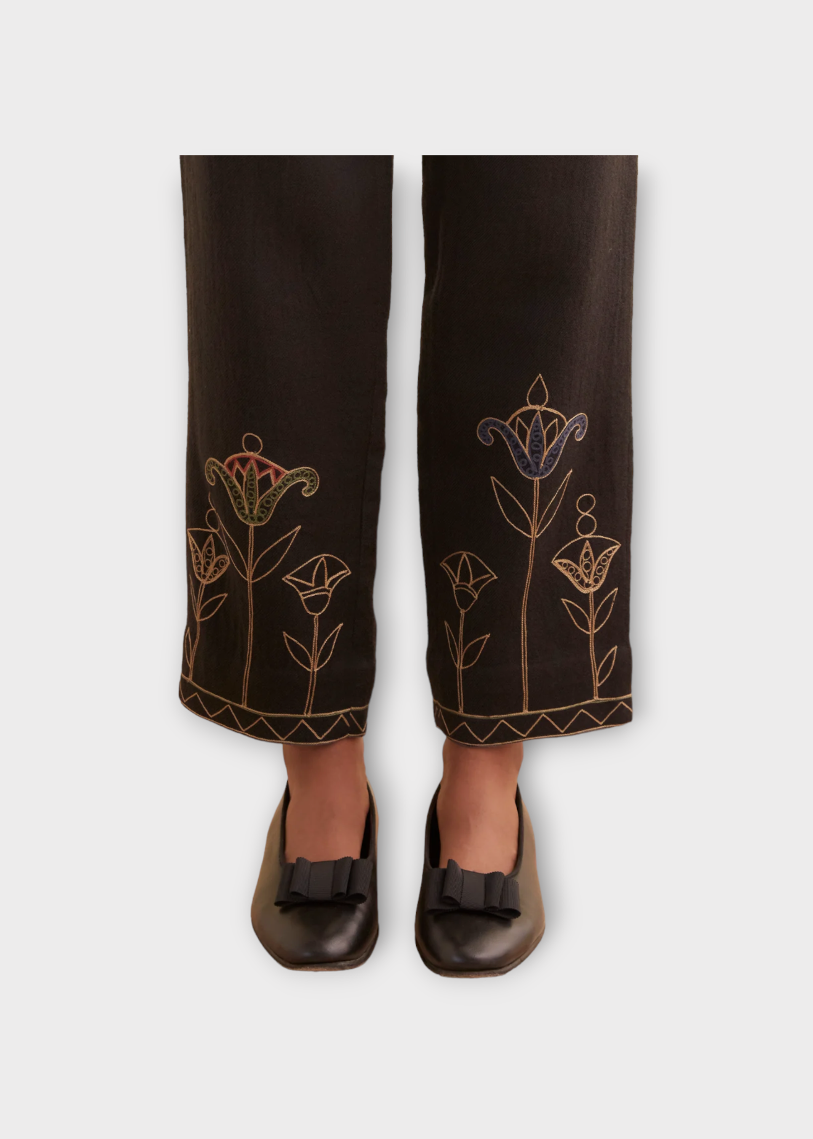 Bode Bode Trousers, Navy, Wool High Waist Straight Leg Trousers In Navy w/ Blooming Stems Embroidery