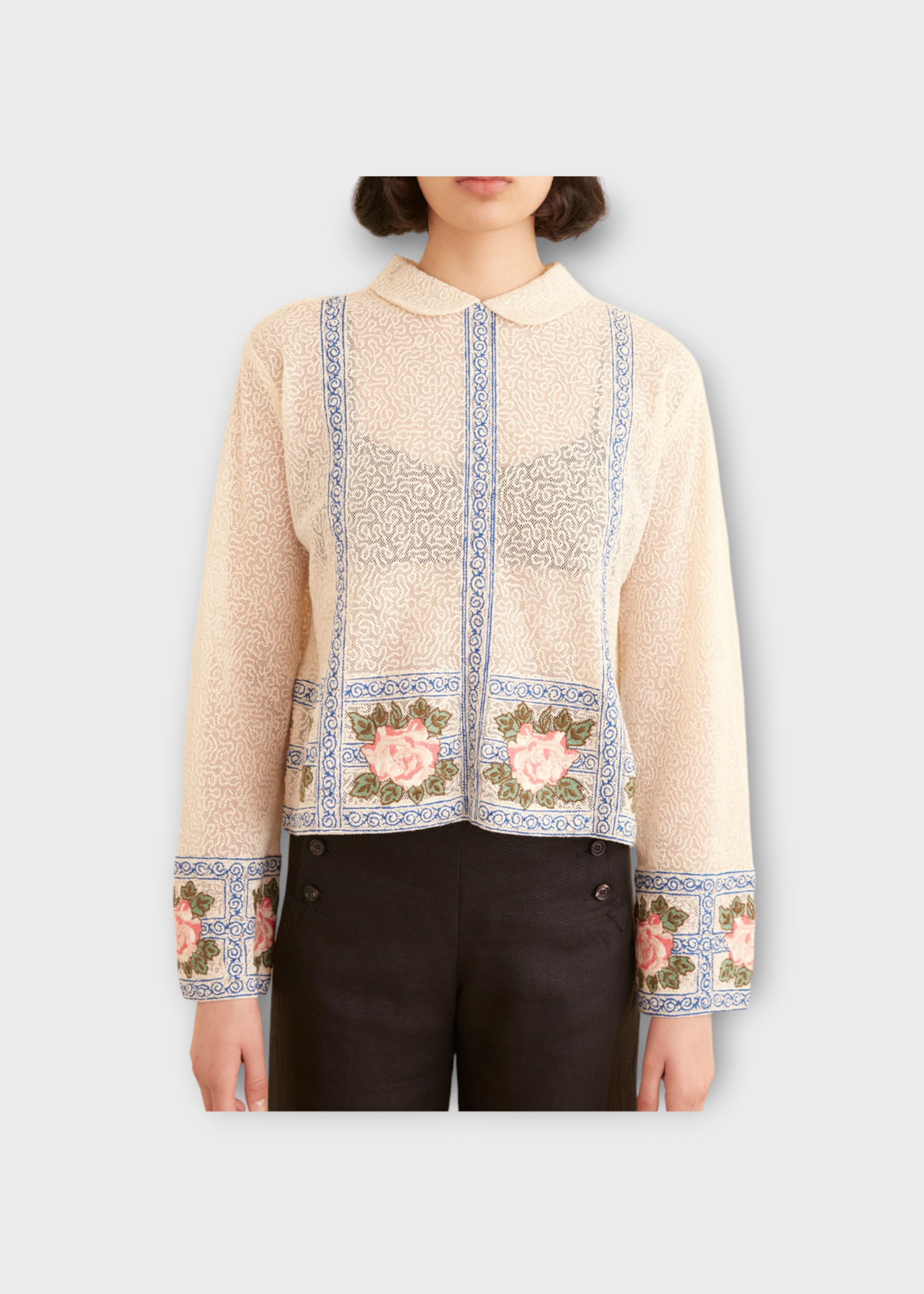 Bode Bode Shirt, Multi, Cotton Collared Button Up See Through Shirt In Yellow & Multi w/ Rose & Stripe Embroidery